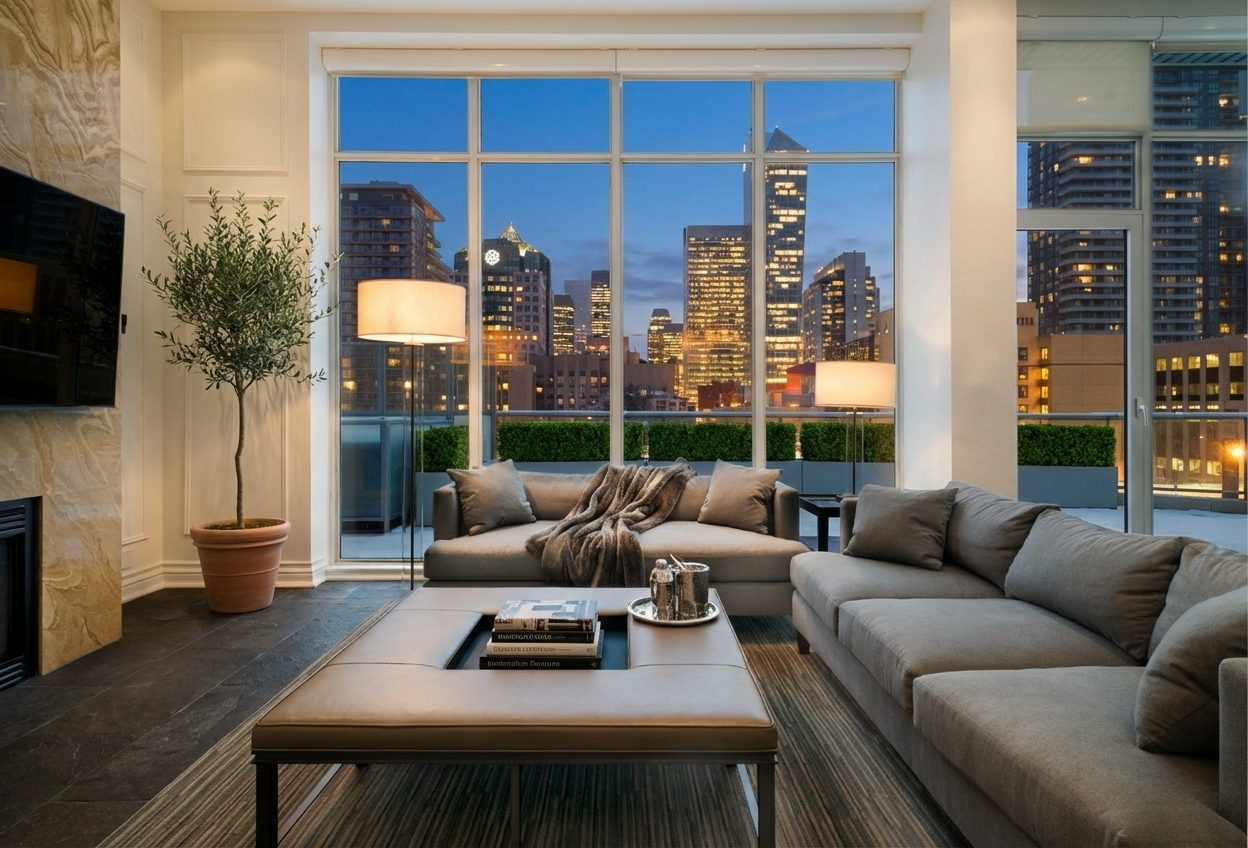 Living room with large windows showing city skyline at dusk, beige sofas with pillows and a throw, a potted plant, a coffee table with books and a tray, lamps providing warm lighting.