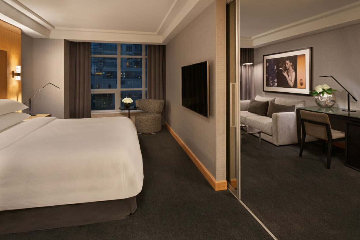 Luxury hotel room with a large bed, a sitting area, and a sliding glass door with curtains overlooking a cityscape at night.