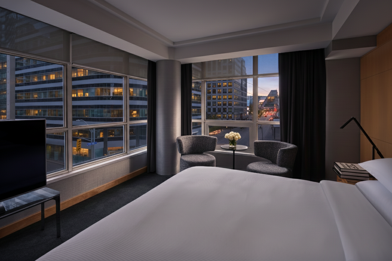 A hotel room with large windows showing city buildings at dusk. The room has a bed with white linens, a small table with a plant, two gray chairs, a flat-screen TV on a stand, and a side table with books and a reading lamp.