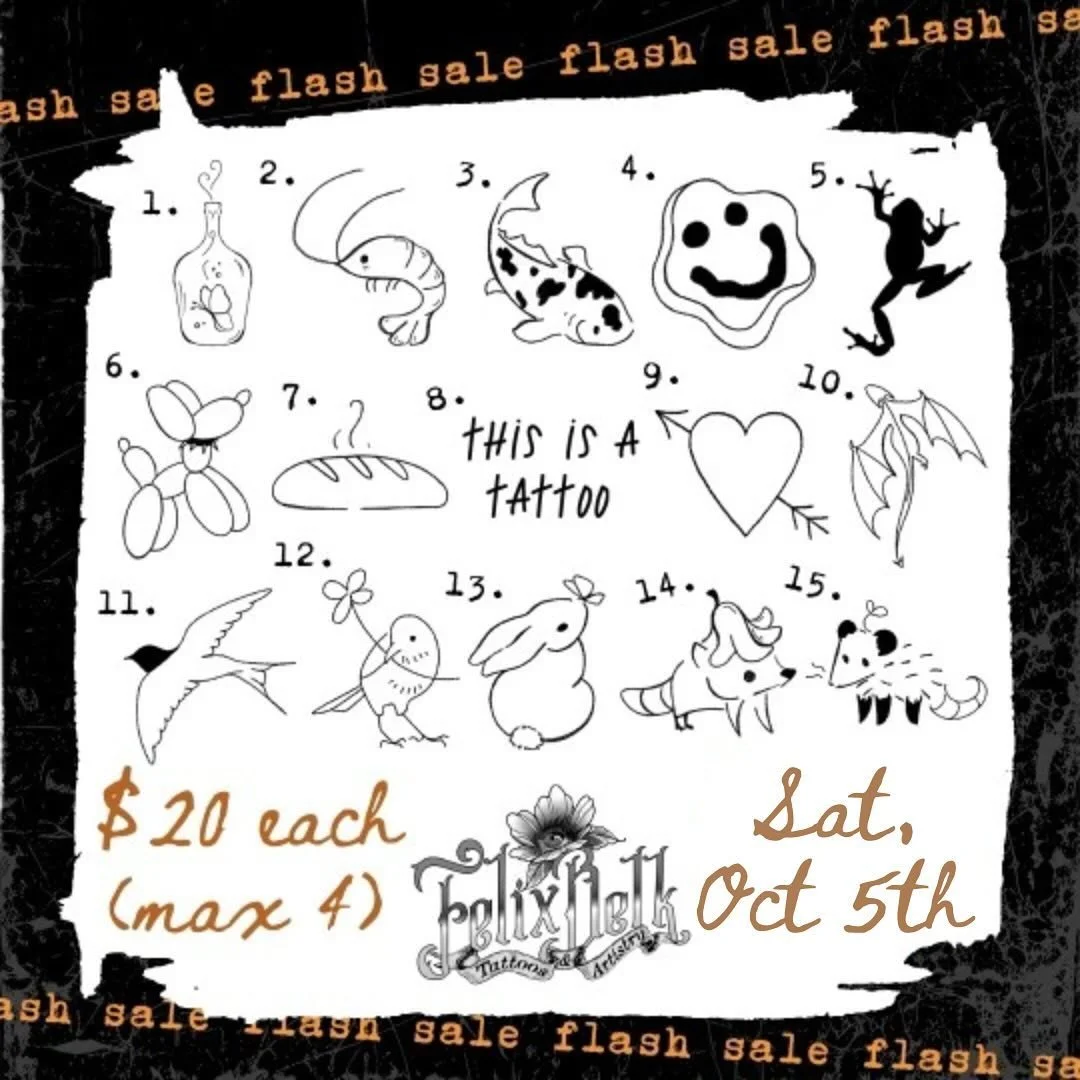 ❤️&zwj;🔥$20 &ldquo;Silly Goofy&rdquo; Flash Sale THIS SATURDAY, OCT 5th❤️&zwj;🔥
Don&rsquo;t be sad, go get a tattoo! Grab your pals and come out to see us this Saturday for some sick deals on some cool tats!🔥

11am-6pm &bull; First-Come, First-Ser