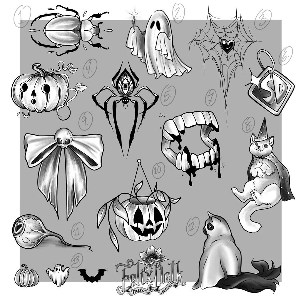 Come out &amp; join us this Friday 10/25 for our Halloween Flash Sale &amp; Costume Contest!🎃🖤

These are the designs I will have available at the sale!

Find more info about the costume contest on @417tattoocollaborative &lsquo;s post!✨ 
(There&rs