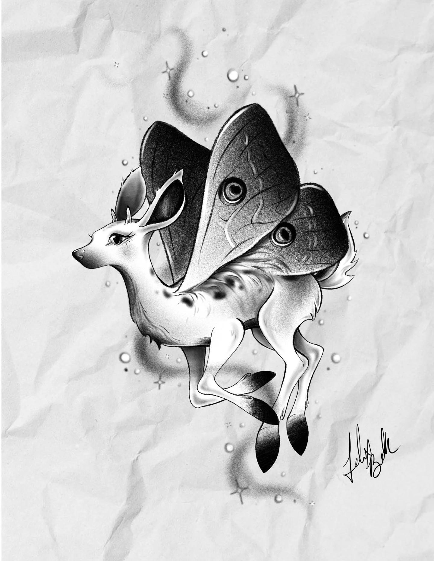 New Design Available!! My brother gave me a prompt and told me to roll with it! A baby buck with Emperor Moth wings! 

Availability in April! 
✨Message to claim!✨

#springfieldmo #tattoodesign #felixbelk