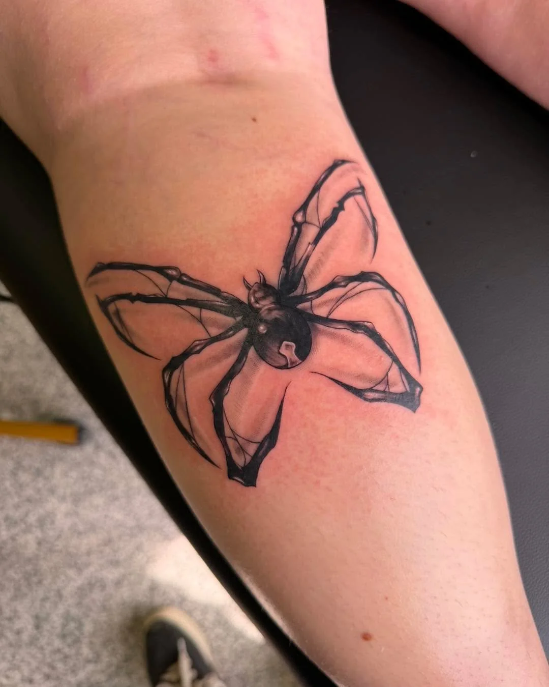 legs for days 🕷️🕸️ #springfieldmo #spidertattoo #blackandgraytattoo