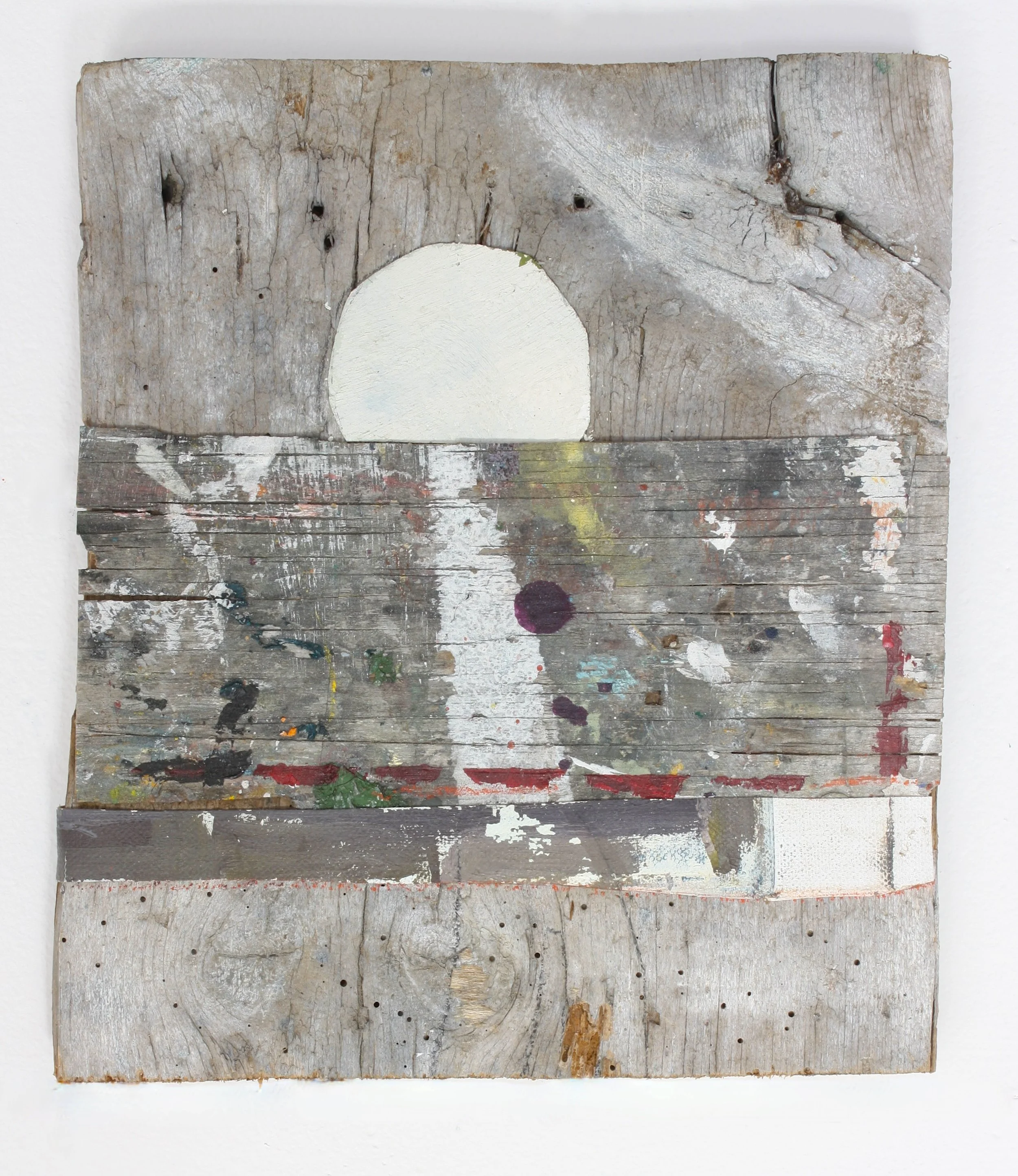 Day One, 2026, oil collage and found painting on found lumber, 10.5 x 9 inches