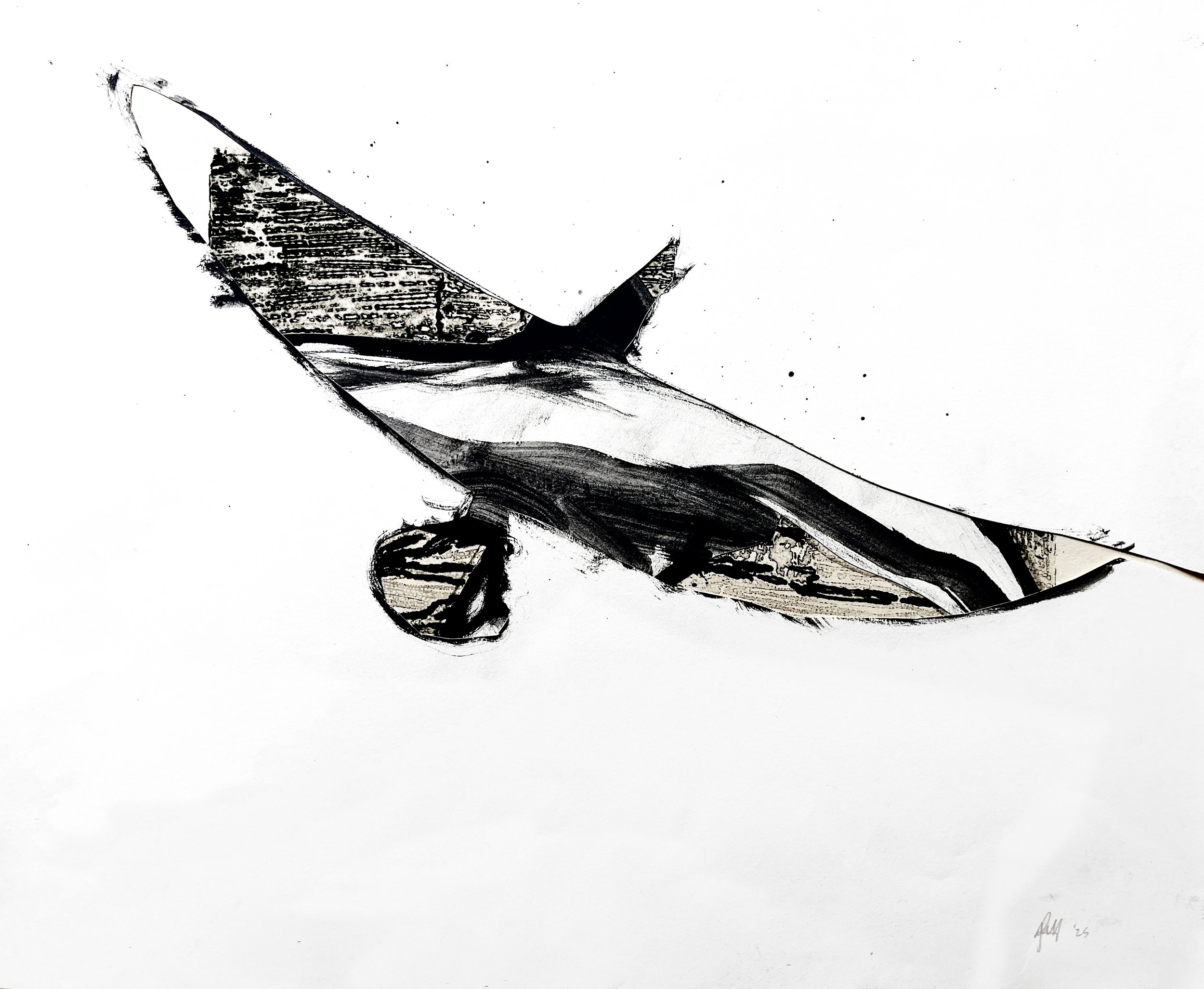 Glide I, Cut out paper over etching and graphite drawings, 14 x 17 inches, $350.