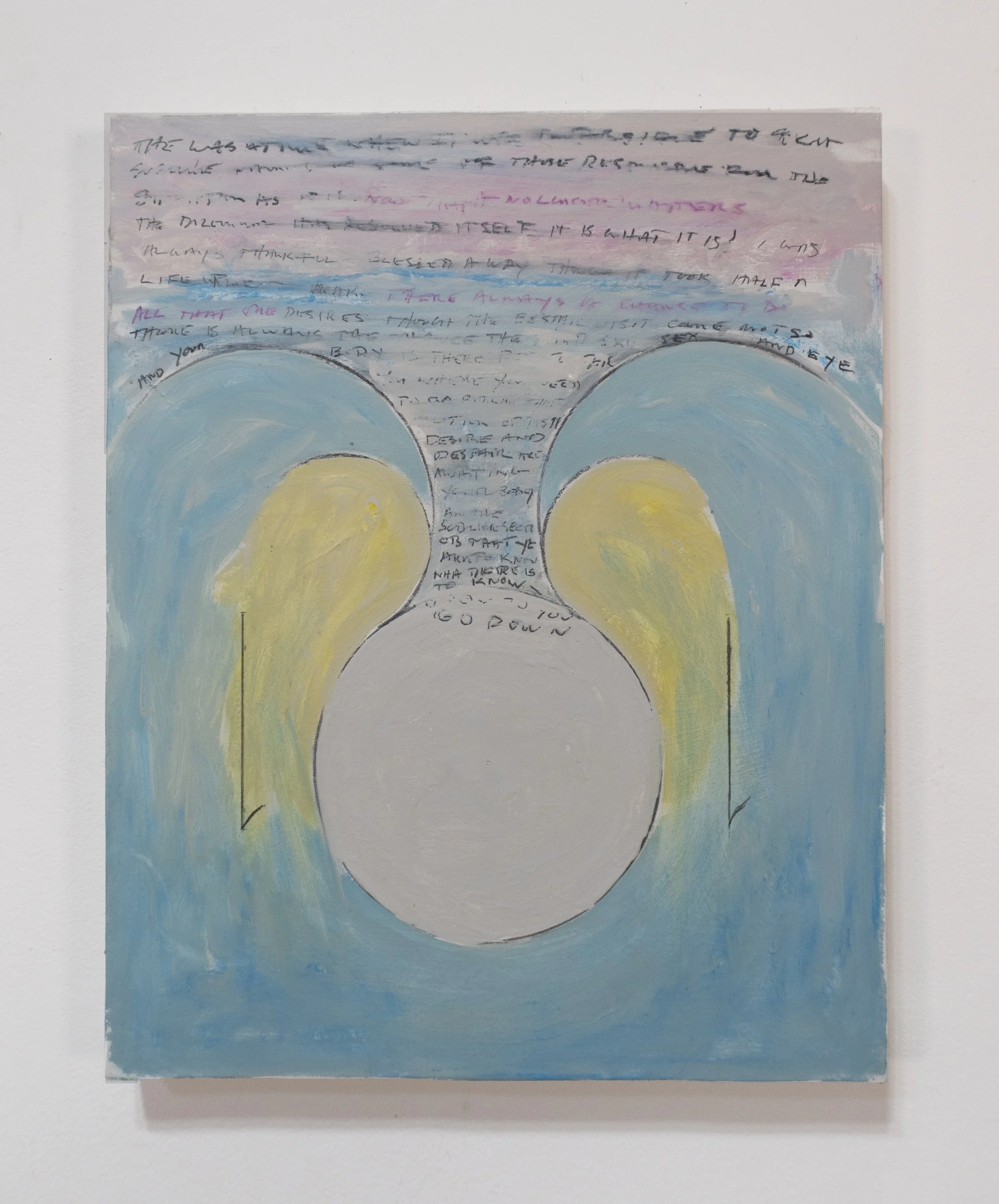  Go Down, 2026, graphite, colored pencil, and enamel on paper on canvas, 20 x 16 inches