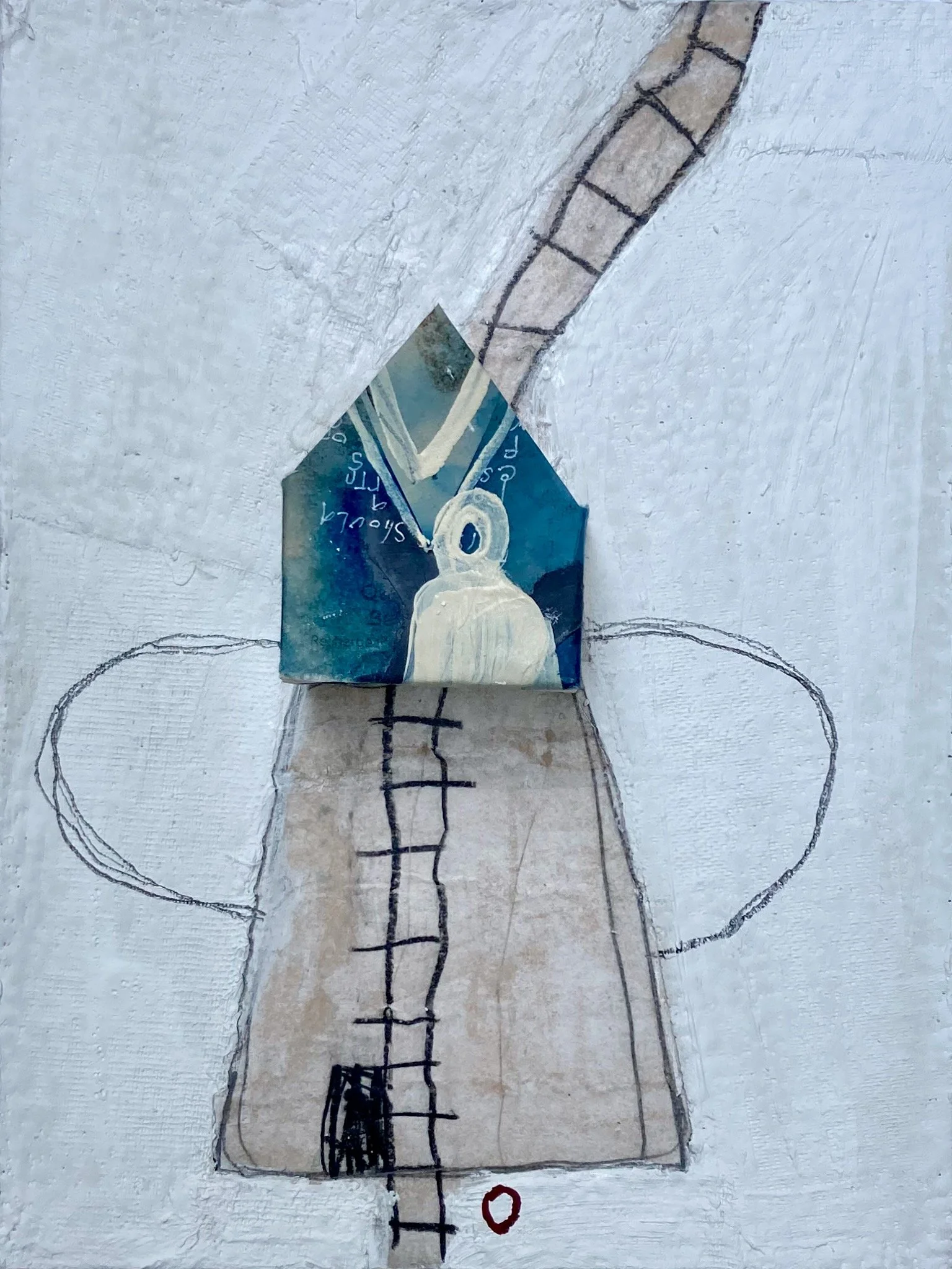 Guardian on the Path, 2023, plaster, paper, oil stick on panel, 9 x 12 inches