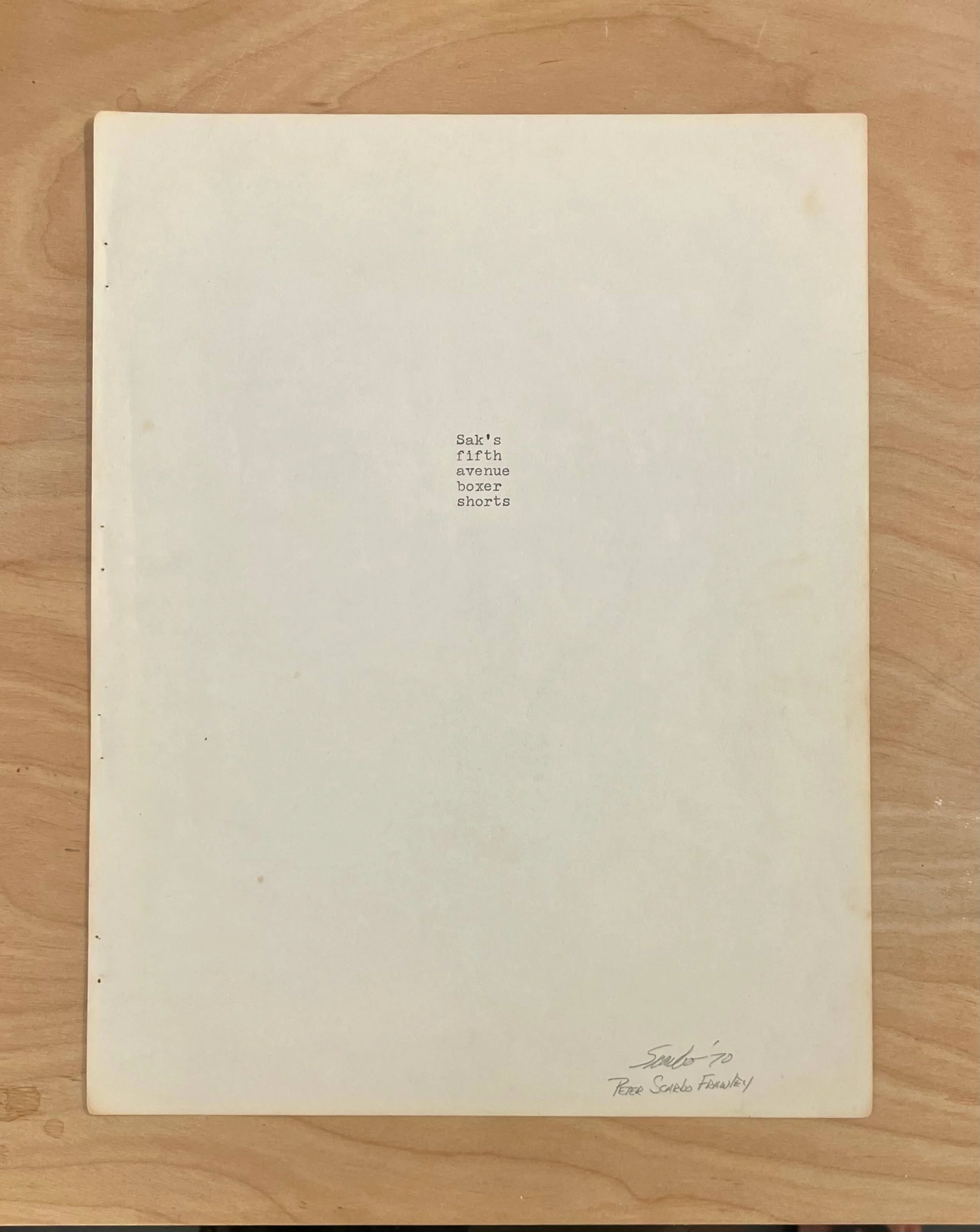 Sak's fifth avenue boxer shorts, 1970, type writer on paper