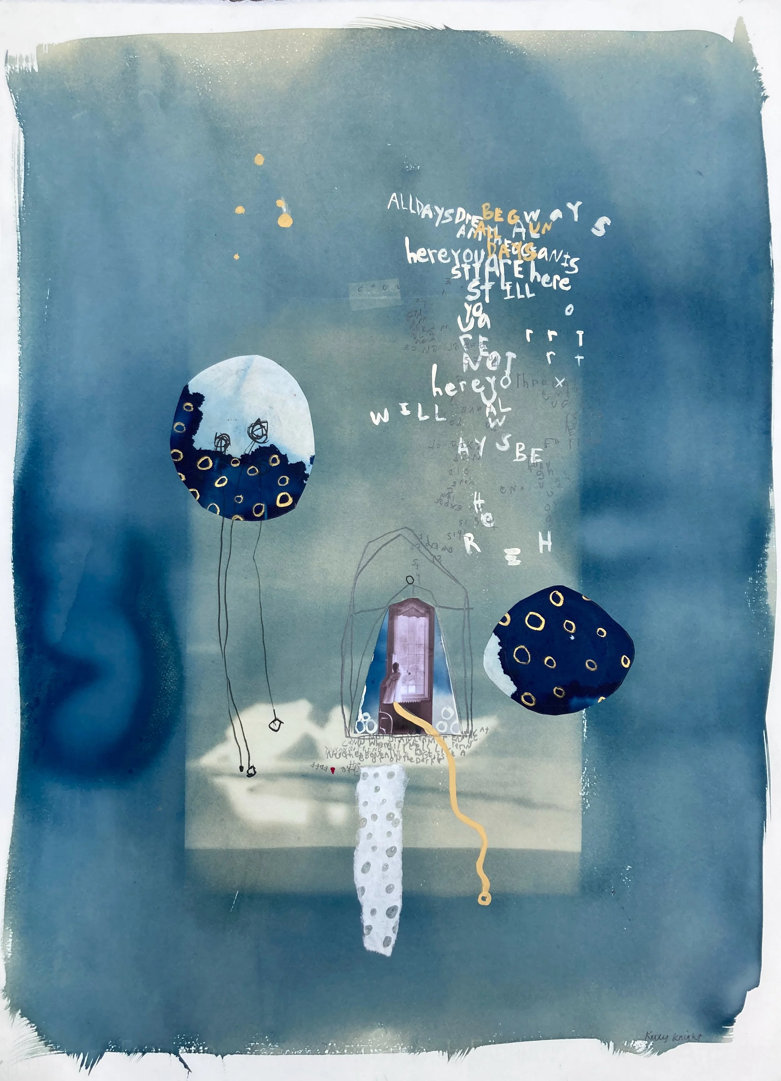 Pass Through, Sense the Edge, 2023, Cyanotype print, gouache, ink, graphite, collaged paper, 30 x 22 inches