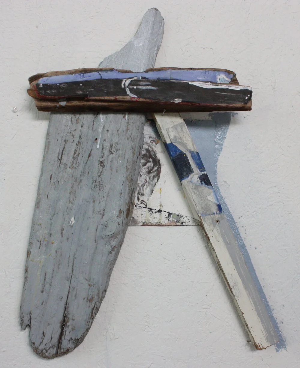 Spread Eagle, 2020, acrylic, oil, photocopy, reproduction of found painting, canvas, and photocopy on found wood with painting on wall, 24” l x 19” w x 3” d