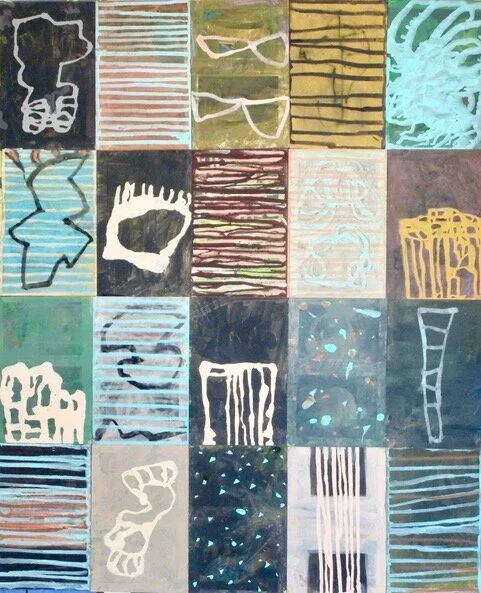 Keeping track 4, 2021, 22.5 inches x 20 inches, mixed media on found paper.