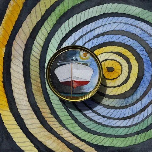 Eclipse, watercolor w/ can assemblage, 11.5 x 11.5 x 3", framed