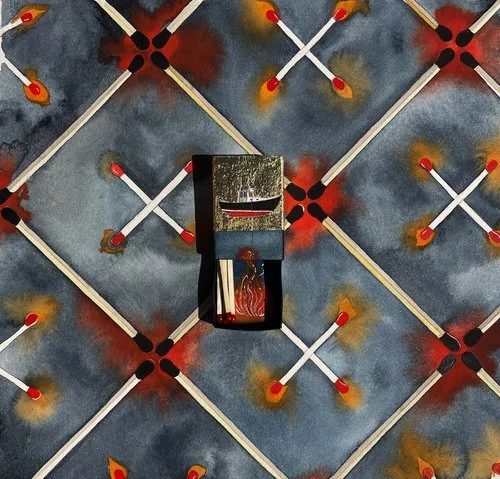 Warming, watercolor w/ matchbox/match assemblage, 11.5 x 11.5 x 3", framed