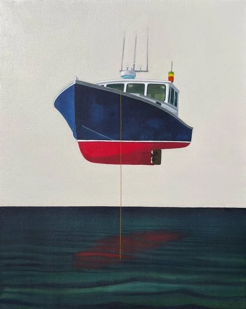 Red Reflection, 2024, 31 x 25 x 2”, acrylic on canvas with embroidery thread