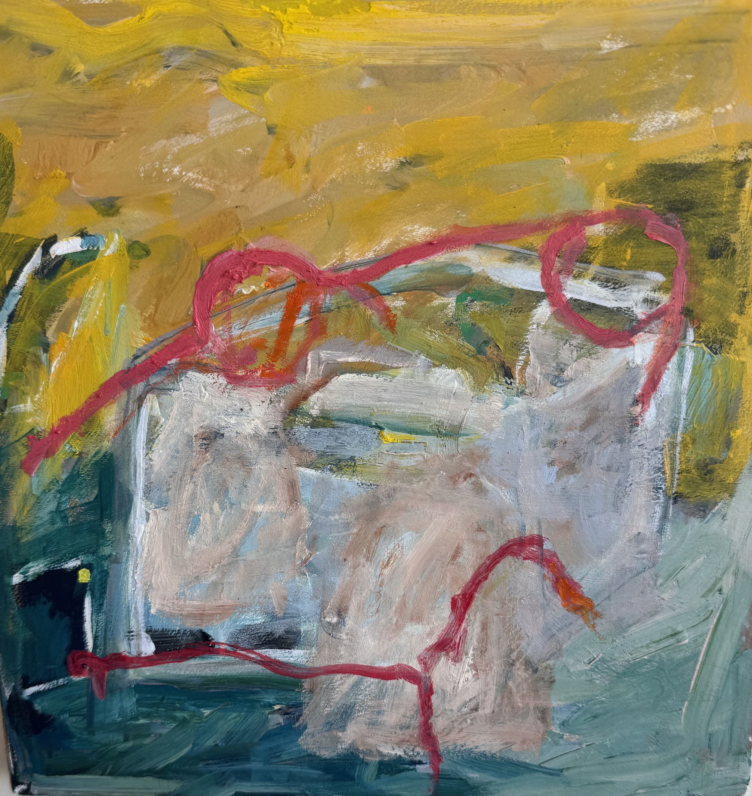 Showing Up 46, 2025, gouache on paper on panel, 10.5 x 10.5 x 1 inches