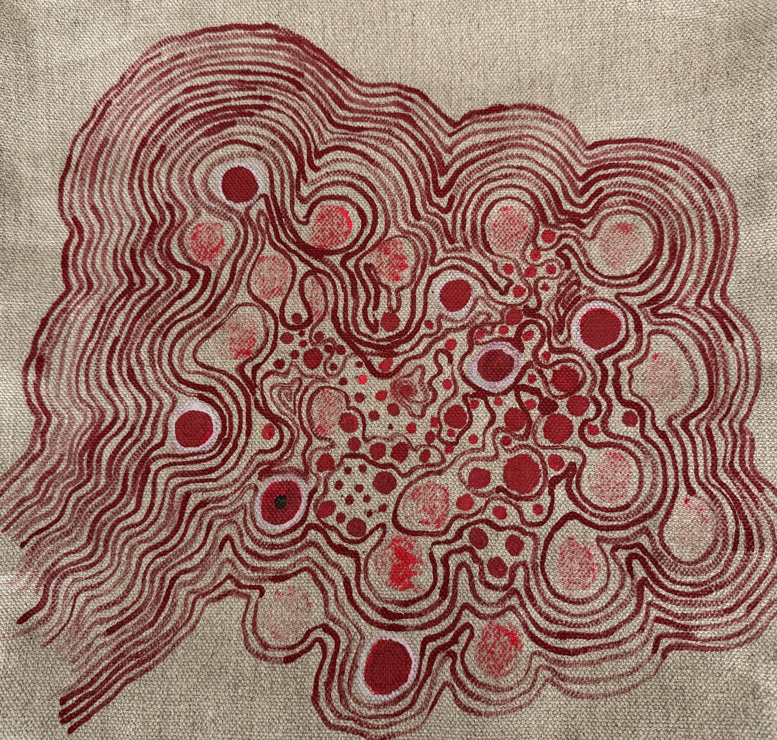 Oolite Red Nucleus, acrylic on french linen, 16 x 16 inches