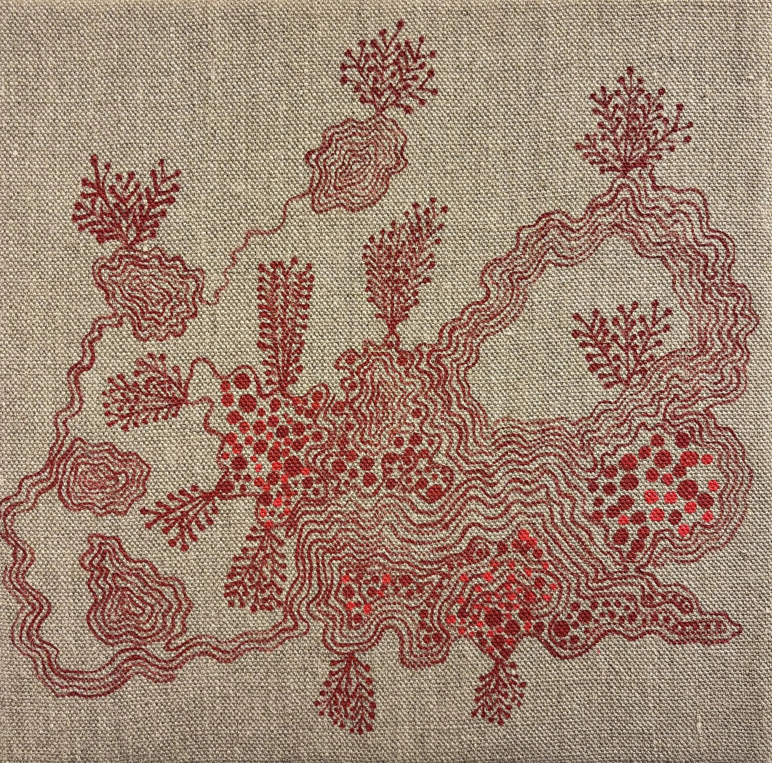 Germination, Oolite Red Series, 2025, acrylic on french linen, 12 x 12 inches