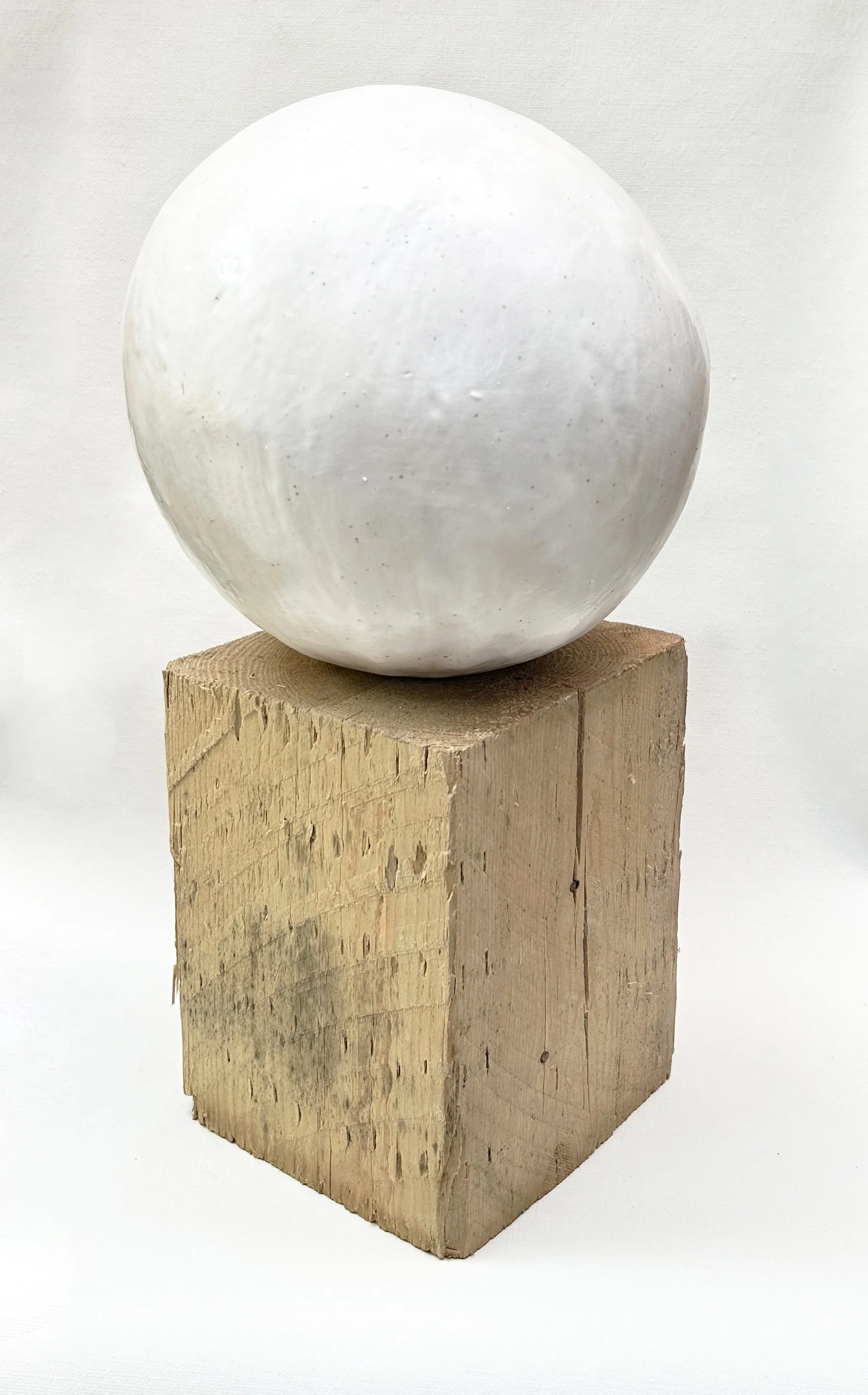 white and wood, glazed ceramic and wood,14 x 8 x 8 inches