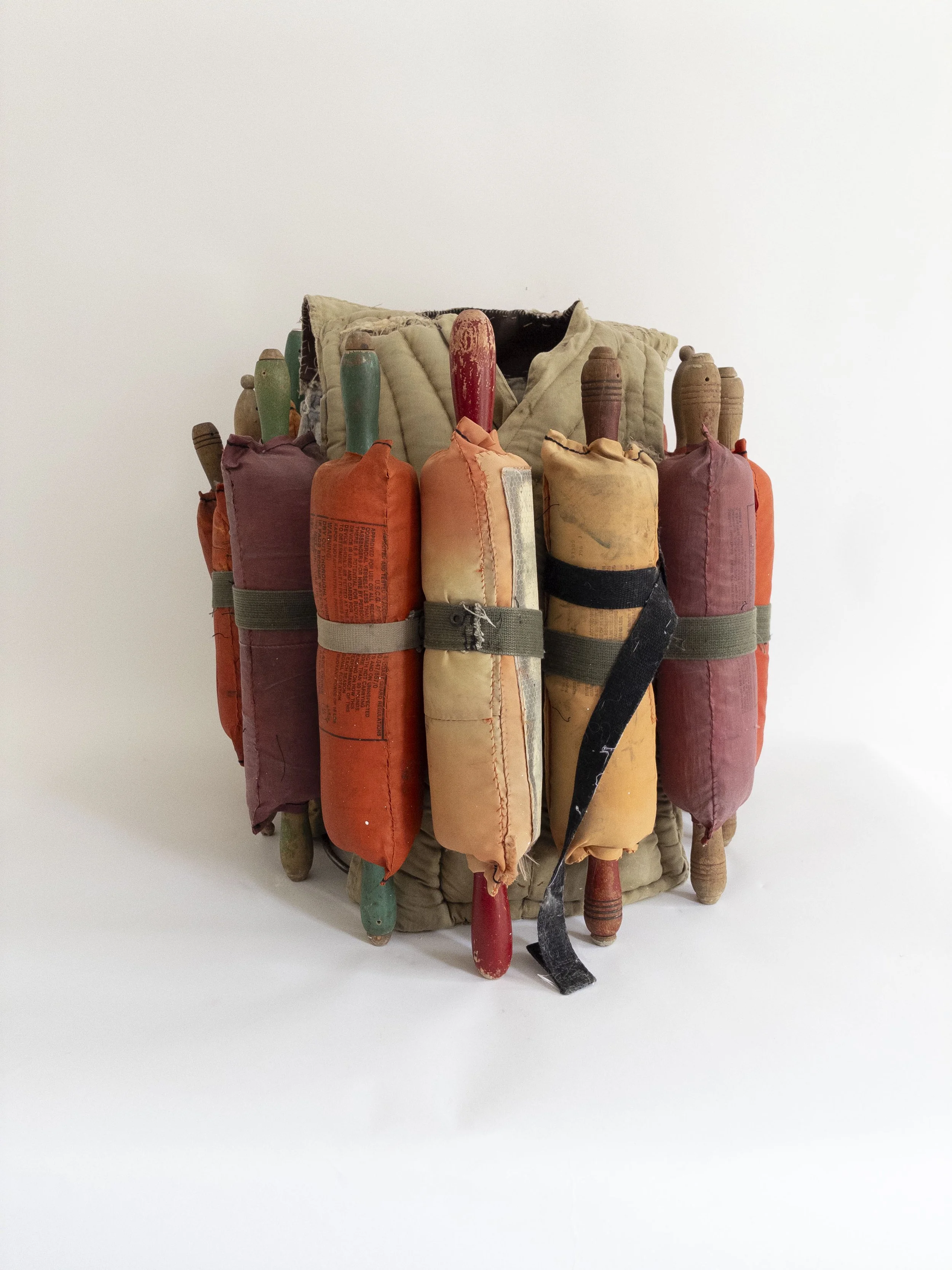 Personal Flotation Device, 2015-2023, wood, nylon, cotton, 20 x 18 x 18 inches