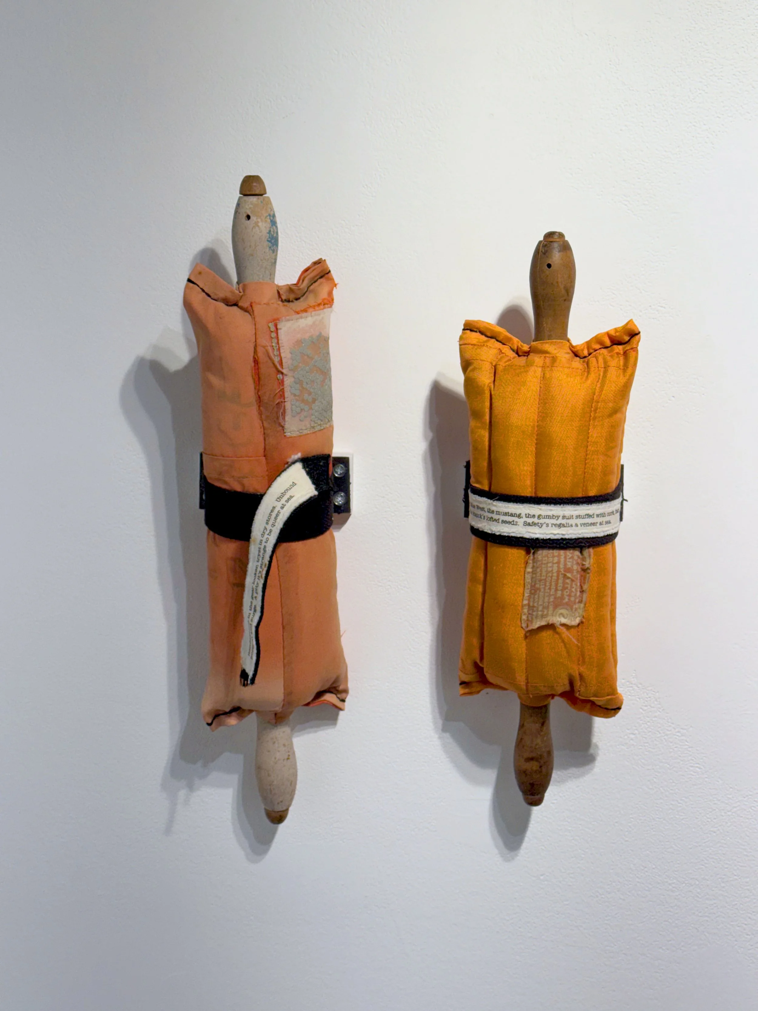 At Sea I &amp; II, 2015, collaboration with Elizabeth Bradfield, wood, nylon, cotton. approx. 15 x 4.5 x 4.5 inches 