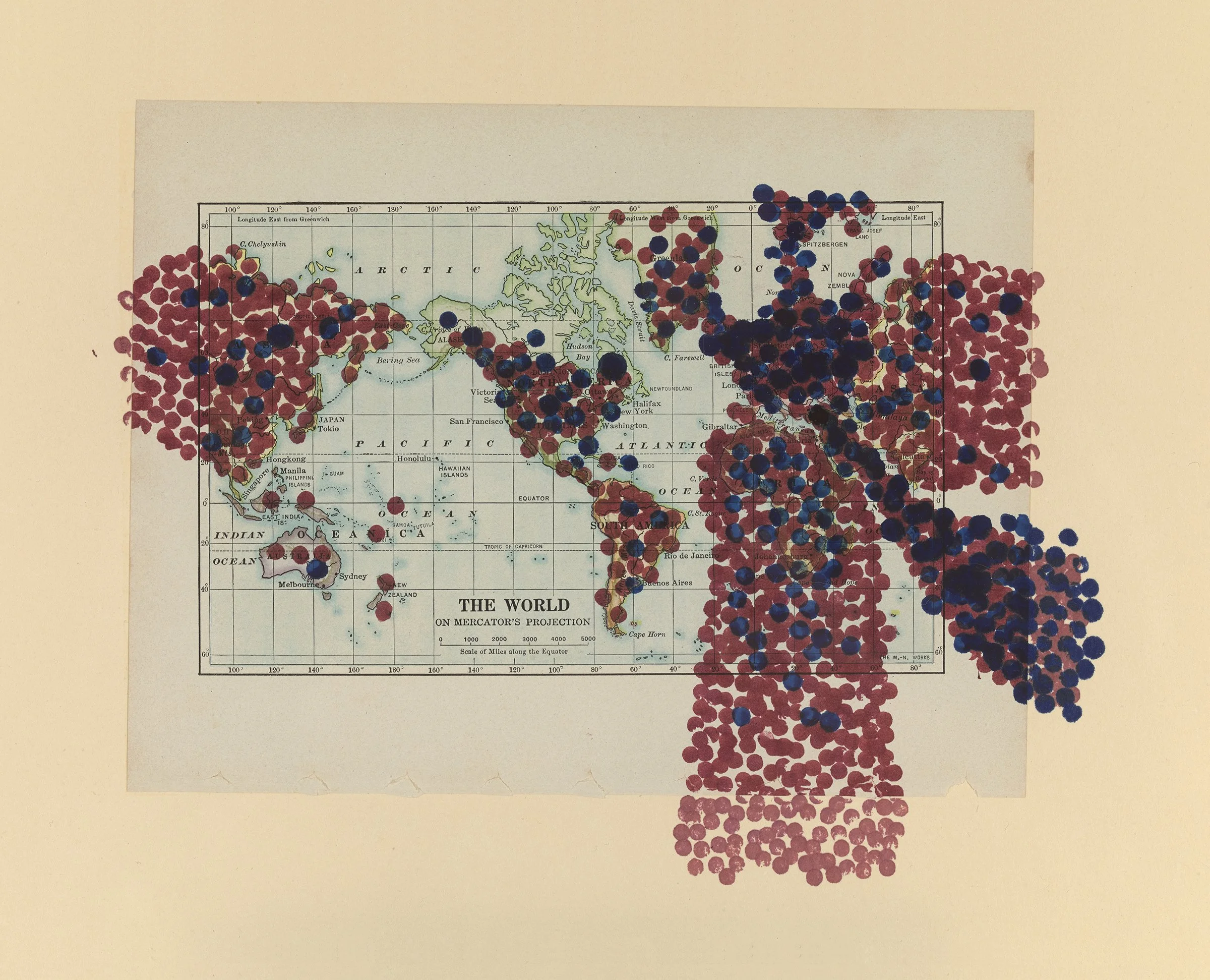 Wars and Conflicts by Continent, Belligerents and Supporters I, 2015, ink on printed paper, 15 x 22 1/2 inches 1800.