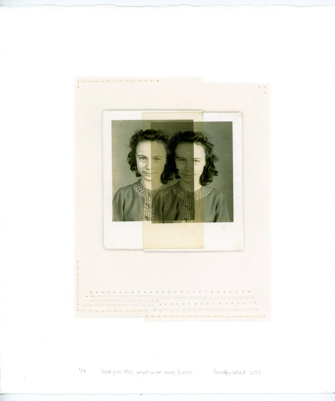 Found girls 1973 striper collar three buttons, 10.5 x 8.5 inches, non-inked print, vellum, photograph, sewing on paper, 450.