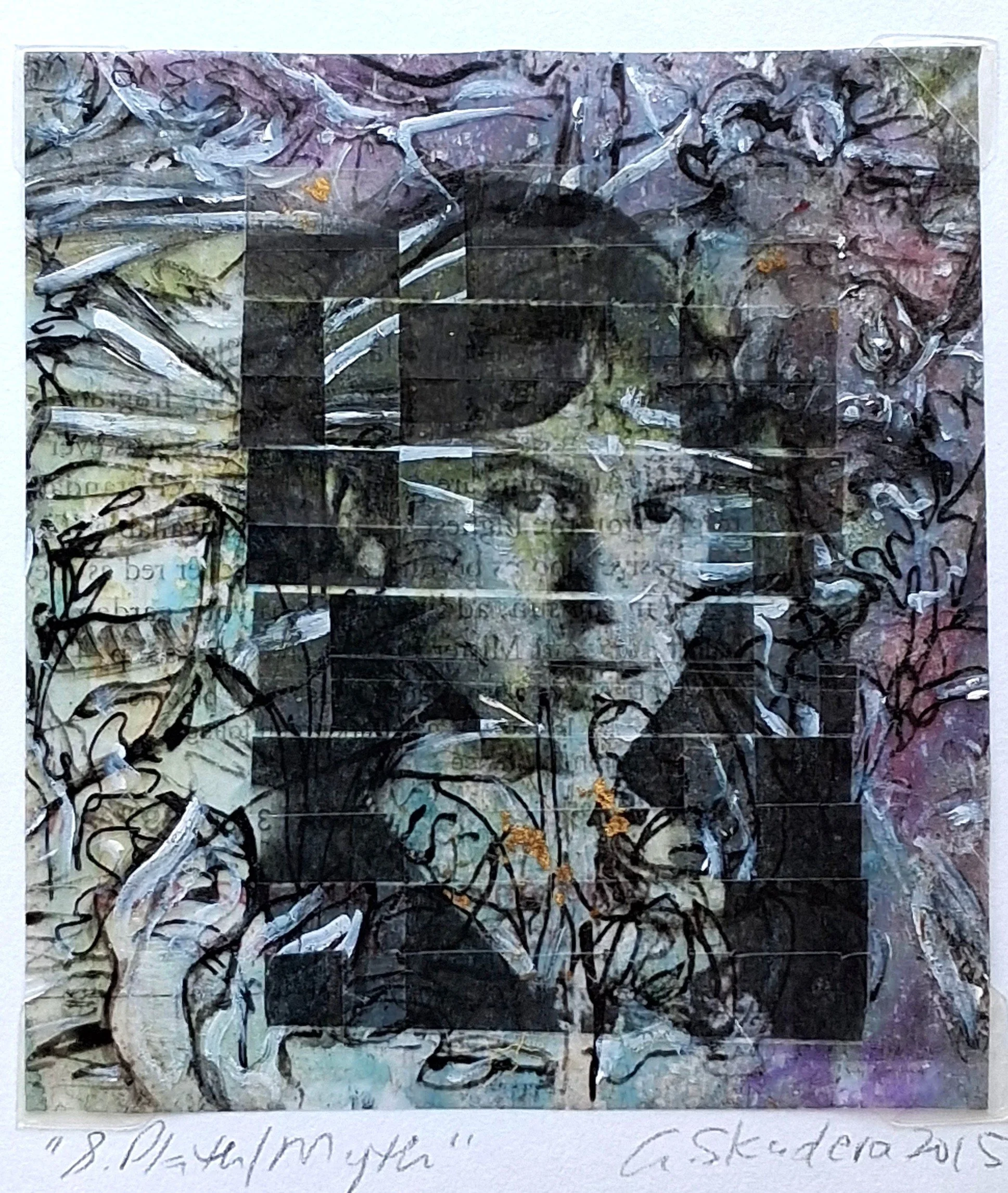 Myth_S Plath,  2010-2015 interwoven photo transparencies, with ink, acrylic paint on paper, 8 x 10 inches, 600. 