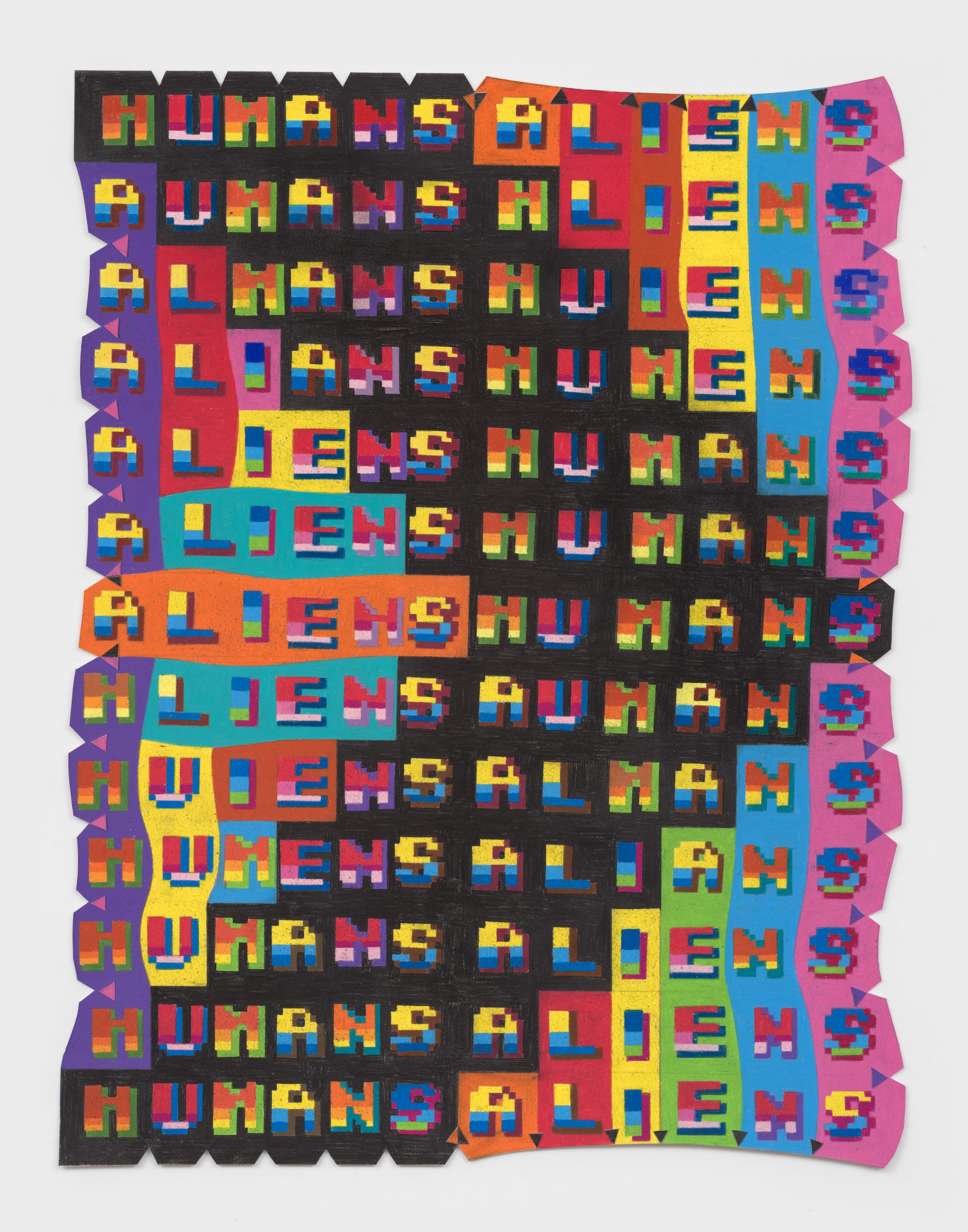 HaUIMiAeNnSn, 2023, color pencil, graphite on shaped paper, 27 x 20.5 inches frames