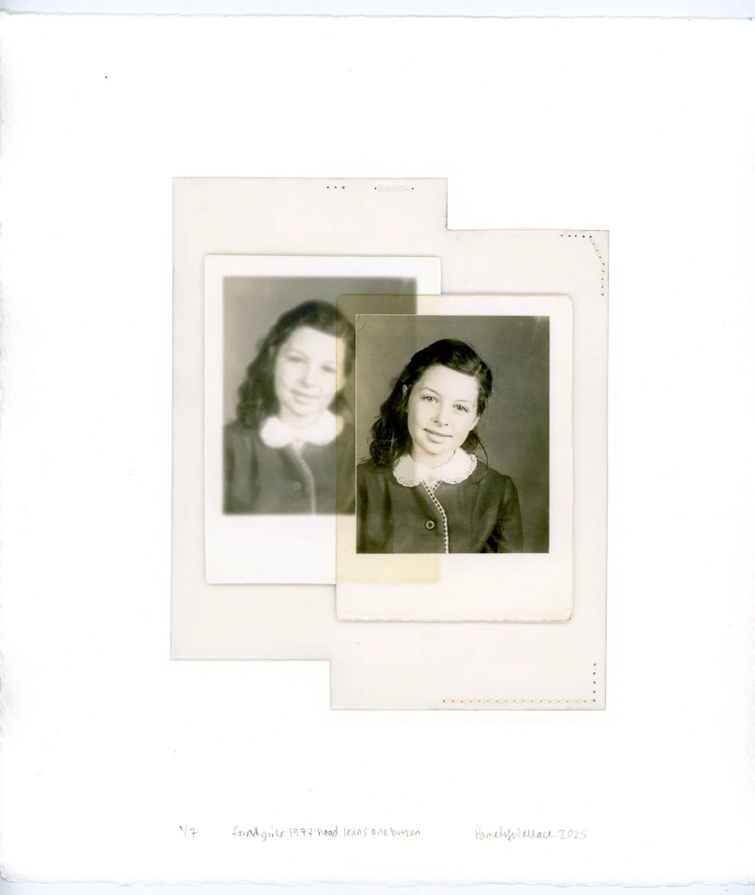 Found girls 1973 head leans one button, 10.5 x 8.5 inches, non-inked print, vellum, photograph, sewing on paper, 450.