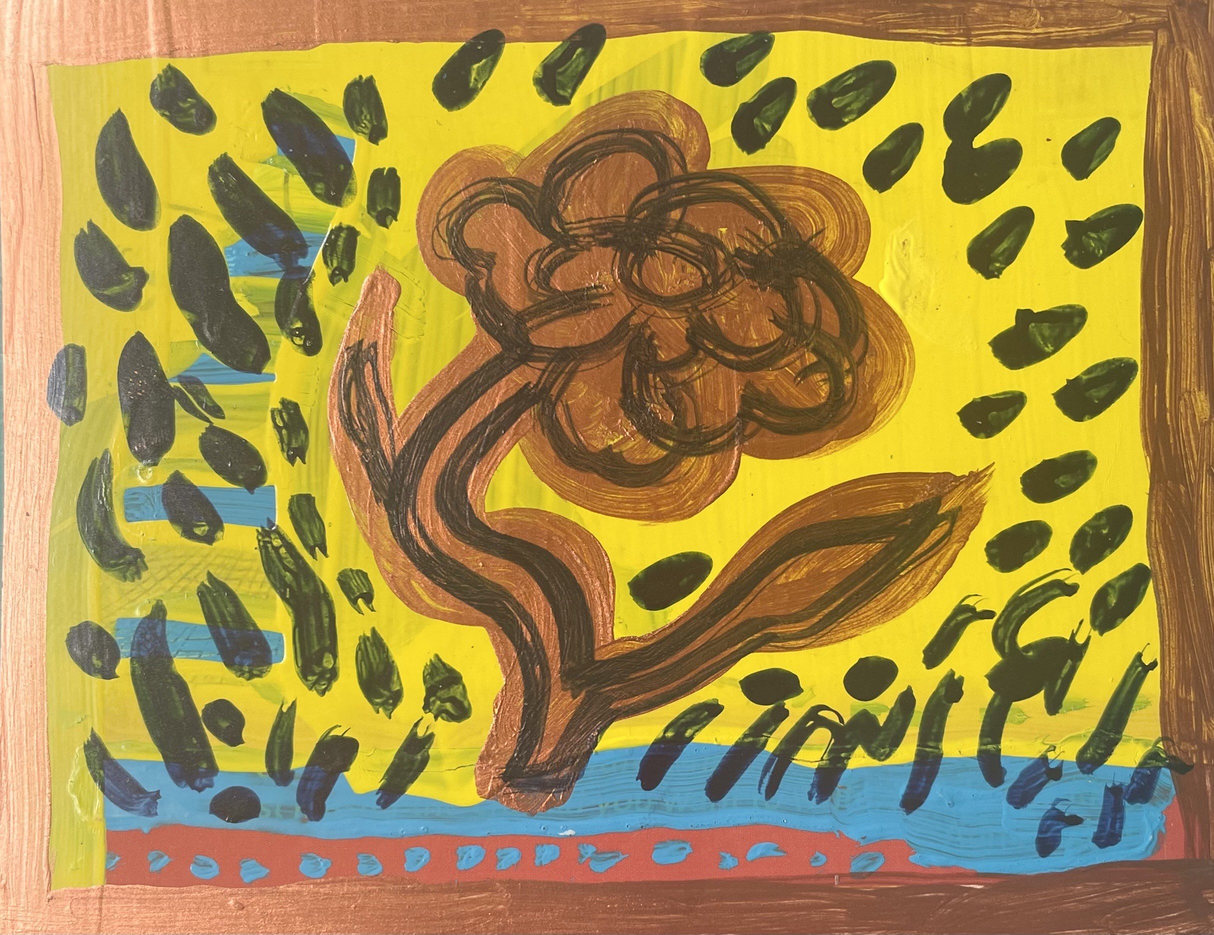 Bronze Daisy, acrylic paint on paper, 4 x 5 ½”, 2025, $175