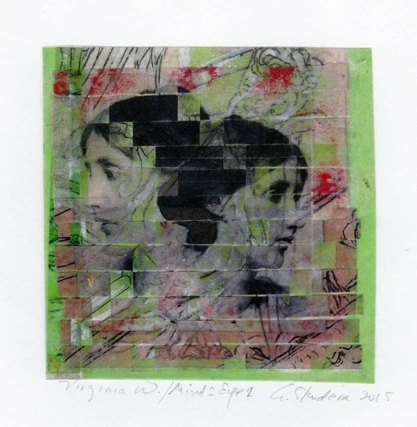 Mind’s Eye_V Woolfe,  2010-2015 interwoven photo transparencies, with ink, acrylic paint on paper, 8 x 10 inches, 600. 