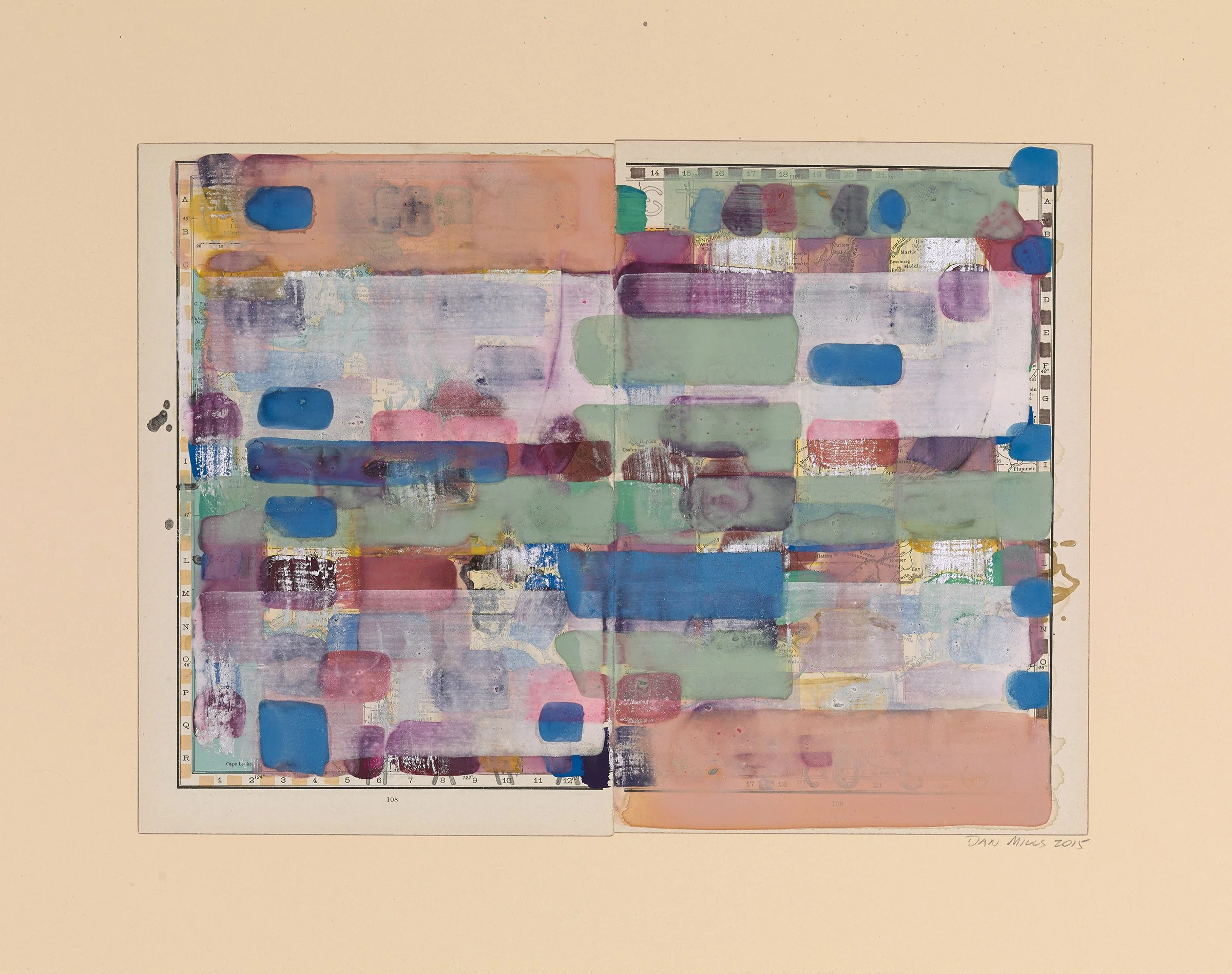 Overpainting Maine VIII, 2015, acrylic, watercolor, metallic paint, ink on printed paper, 15 x 22 1/2 inches, 2000.