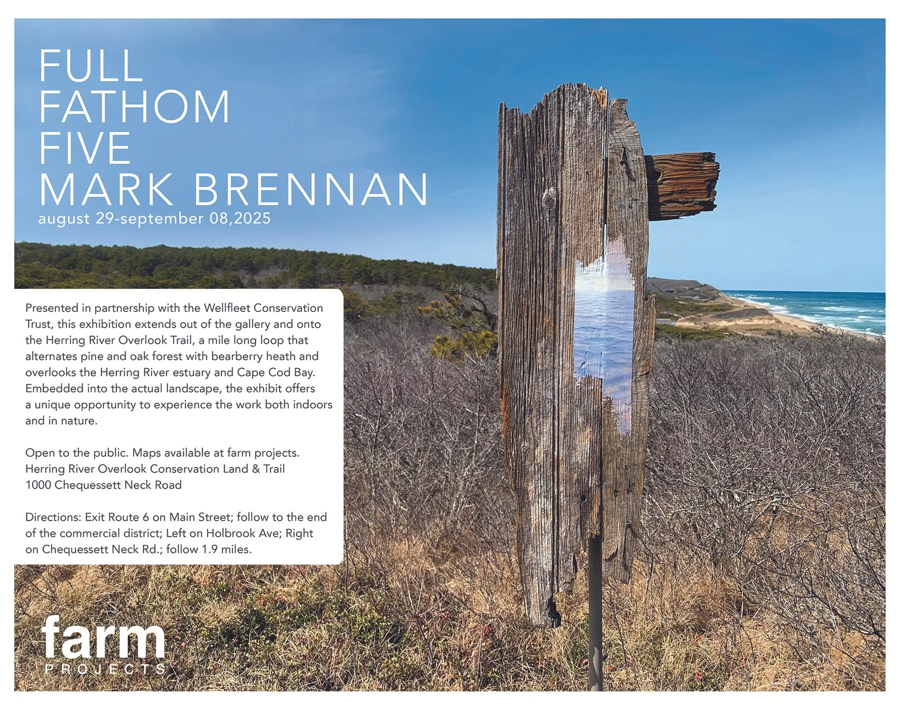 Event poster advertising 'Full Fathom Five' art exhibition by Mark Brennan, running from August 29 to September 8, 2025. The poster features a landscape with a partially painted wooden signpost and a coast with ocean waves, trees, and a blue sky in t