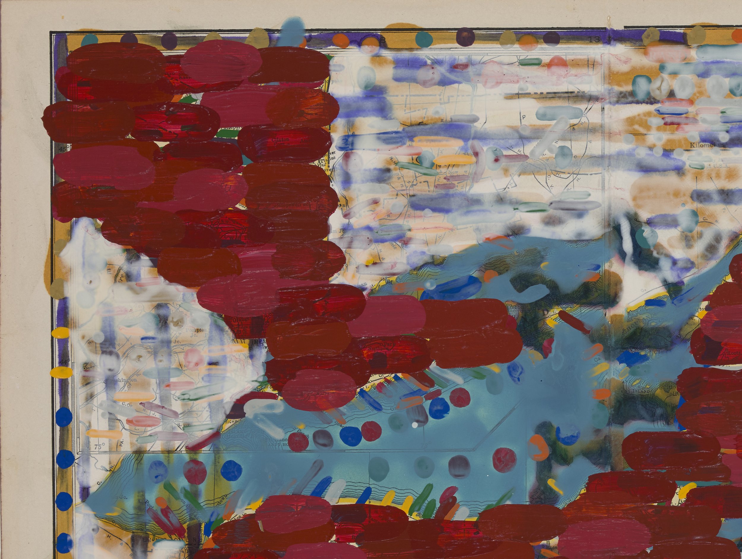 What’s in a Name? The Empire State (New York with the number of major geographic features named after indigenous people & words marked with red), 2018, acrylic, ink on printed paper, 10 x 13 ⅞ inches, 1500.