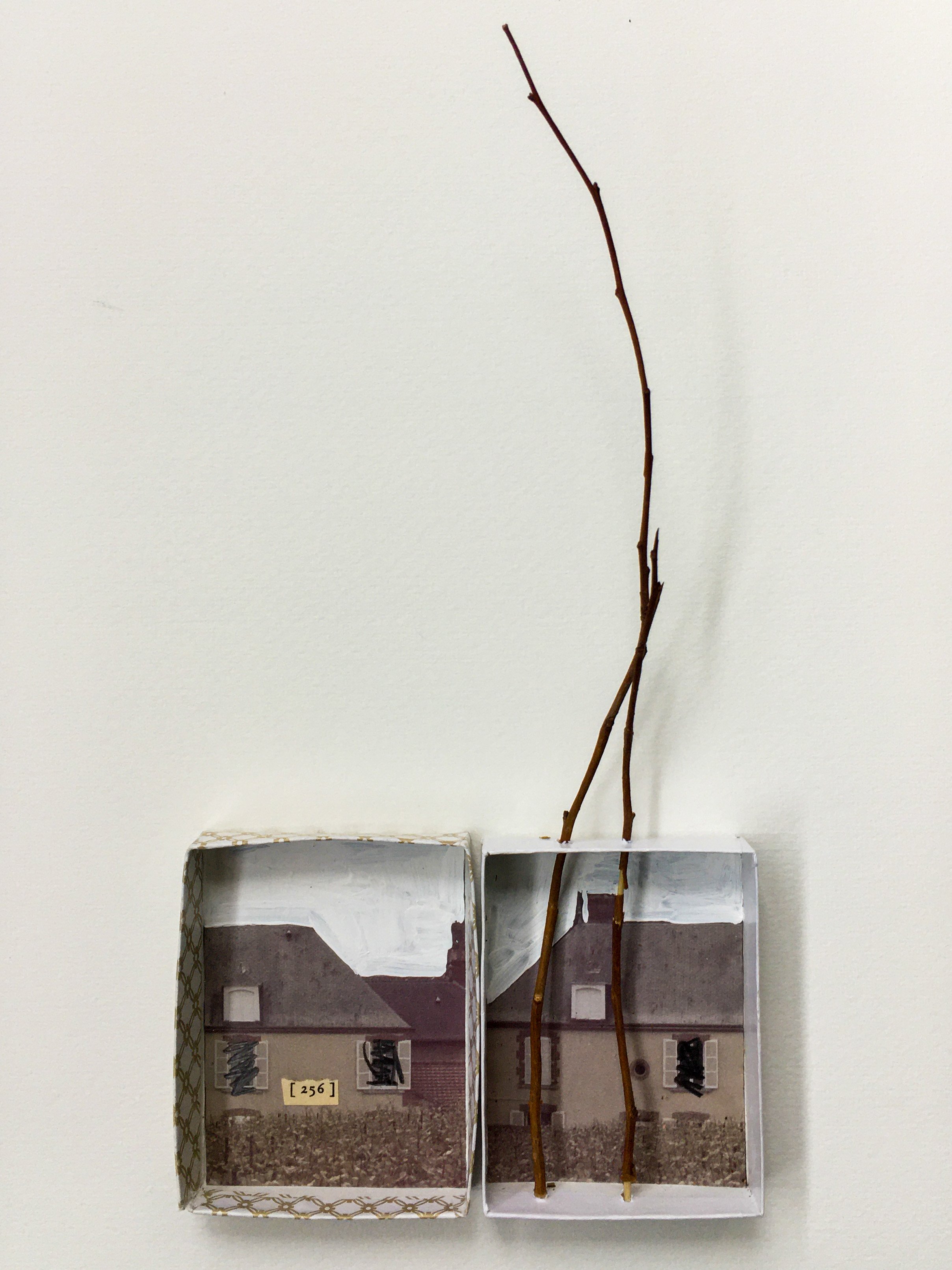 Sick Core, 2020. Box lids, paper, twigs, geranium ink, gouache.