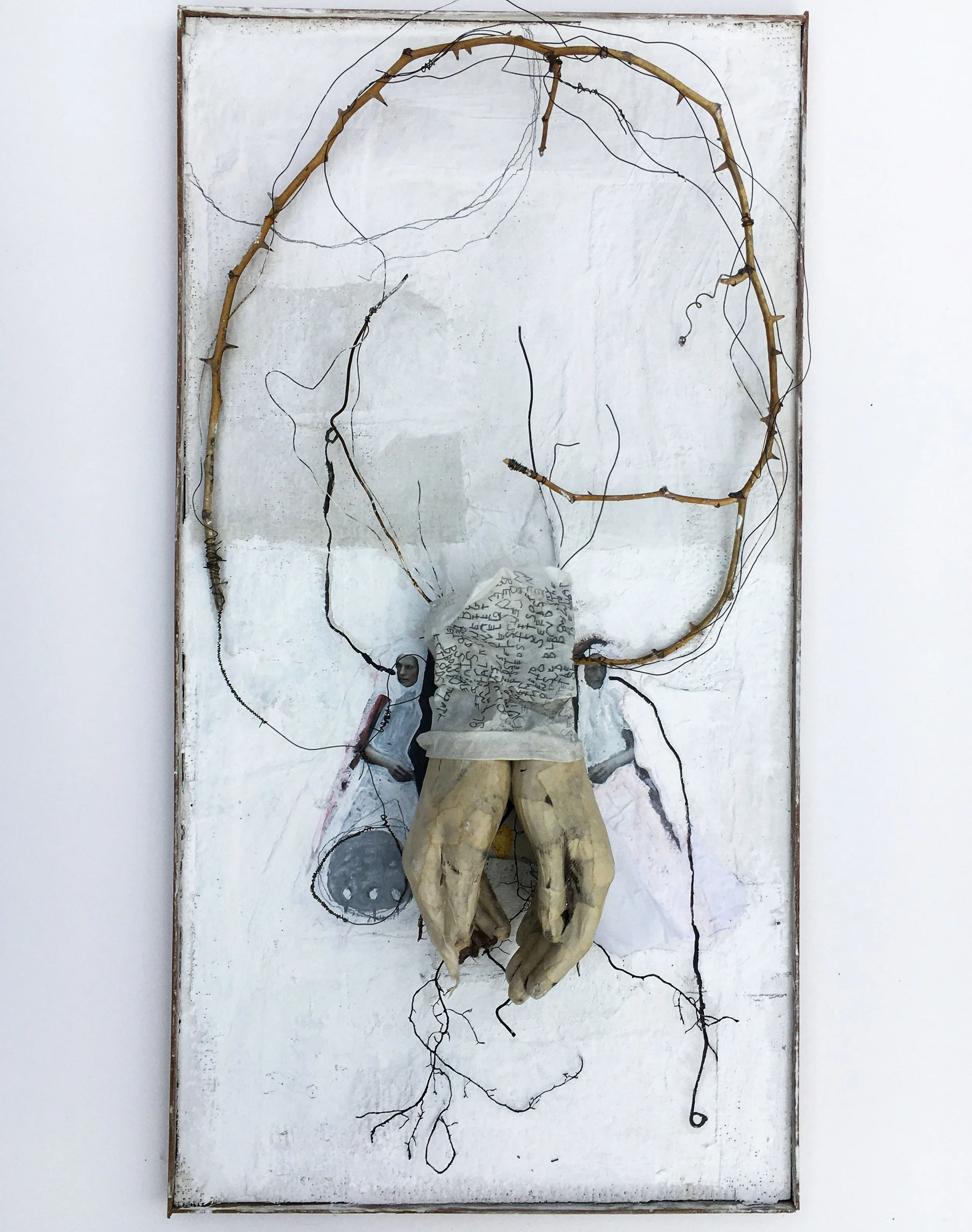 Devotion, 2021. Plaster, wax, paper, rose cane, plant roots, wire 26.5 x 13.5 x 5 inches