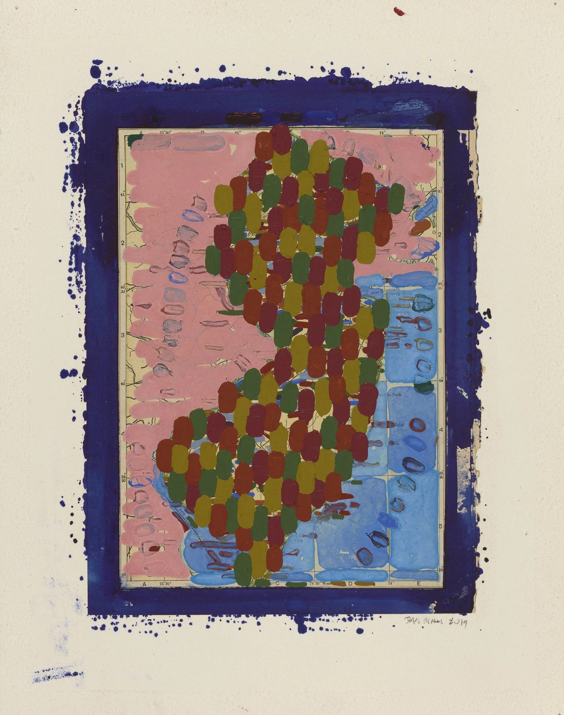 What’s in a Name? New Jersey (with the number of major geographic features named after indigenous people & words marked with colors), 2018, acrylic, watercolor, ink on printed paper, 9 x 6 3/4 inches, 1000.