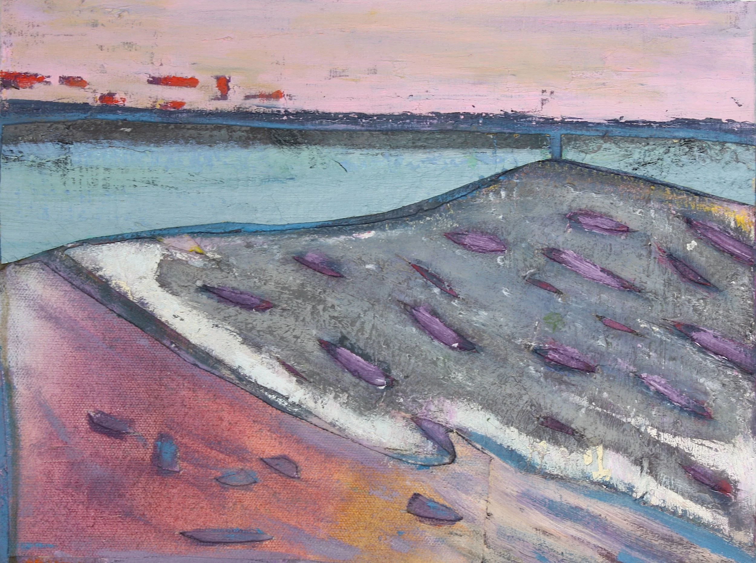 Backshore at 7, 2026, oil collage on panel, 9 x 12 inches