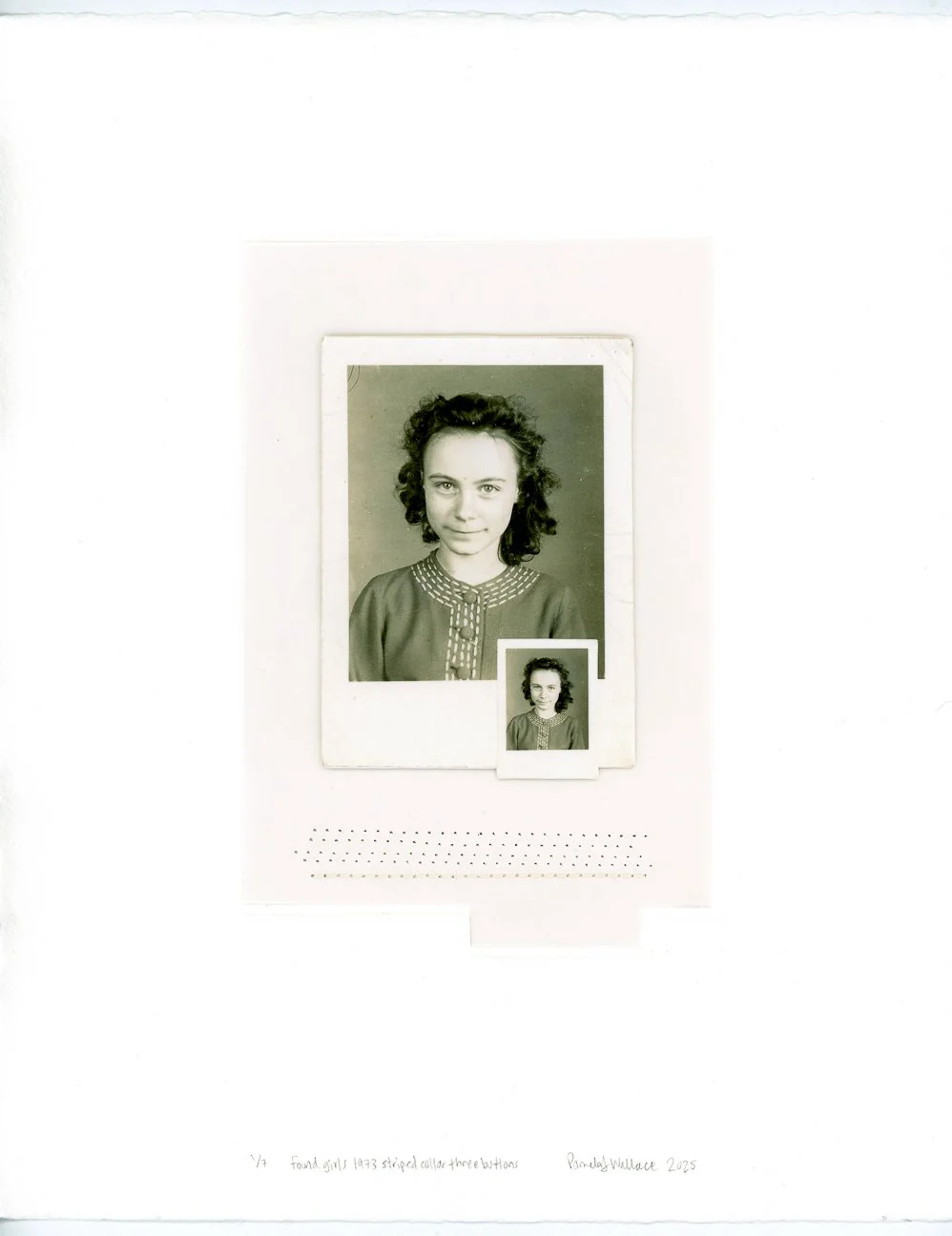 Found girls 1973 striper collar three buttons, 10.5 x 8.5 inches, non-inked print, vellum, photograph, sewing on paper, 450.