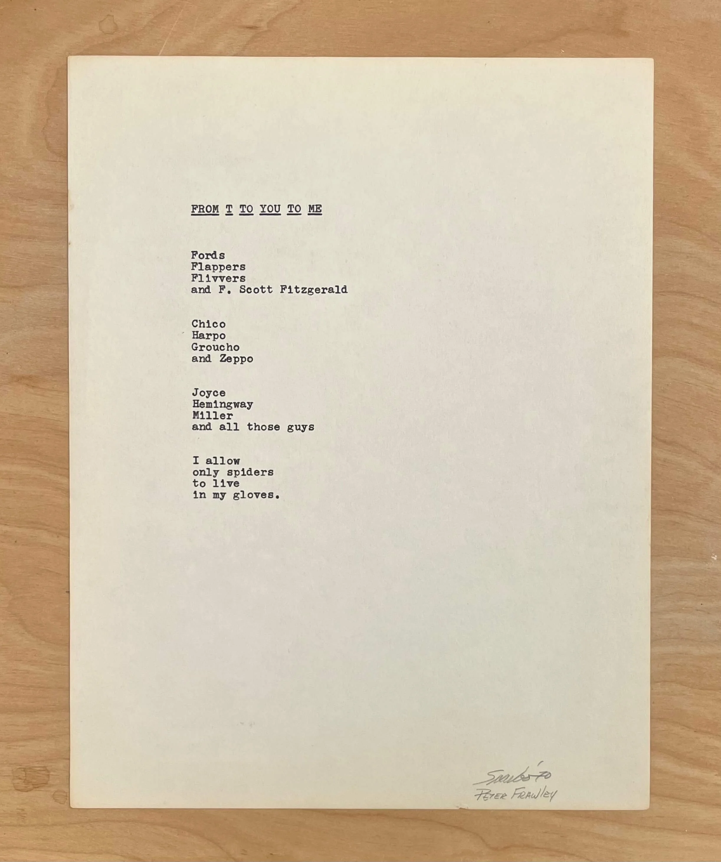 FROM T TO YOU TO ME, 1970, type writer on paper