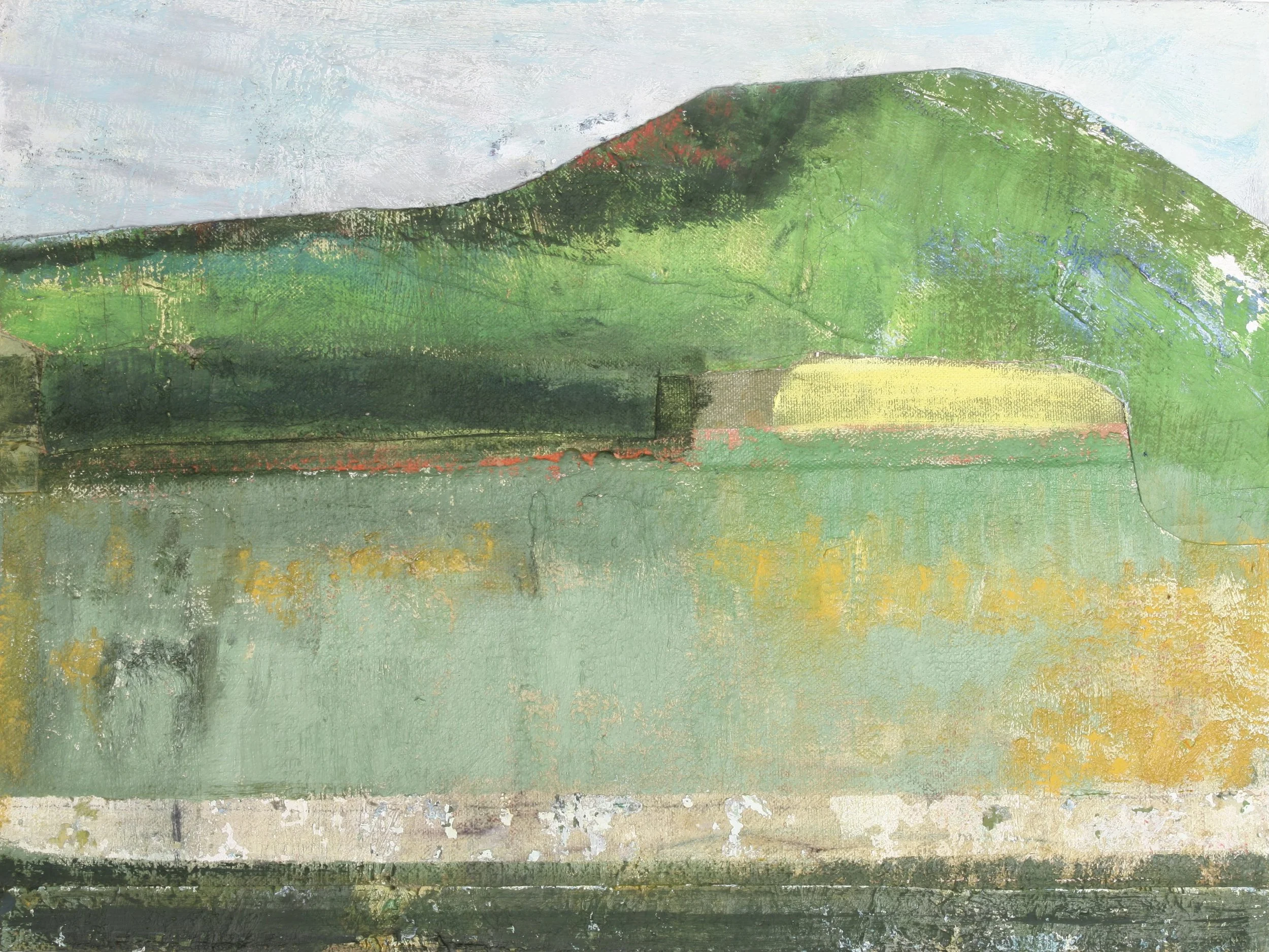 River Knoll, 2026, oil collage on panel, 12 x 16 inches