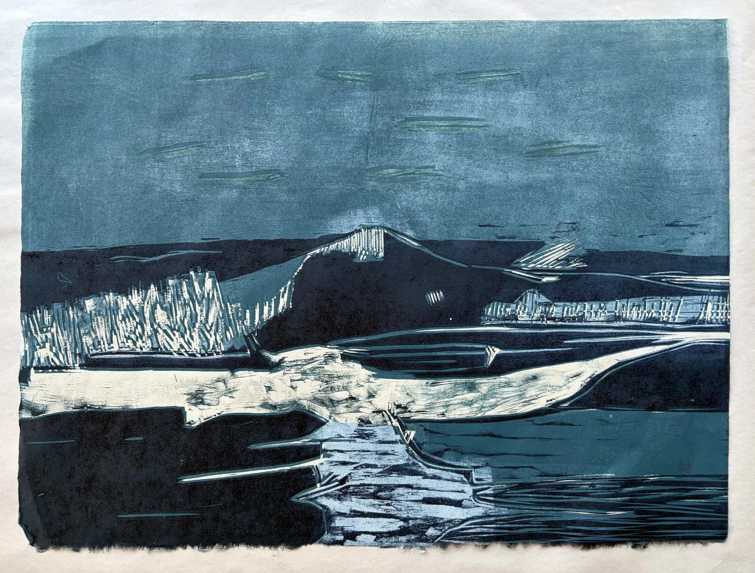 LaVague #1, 2026, woodcut on paper, 1/1, 14.5 x 18.5 inches (framed behind museum glass)