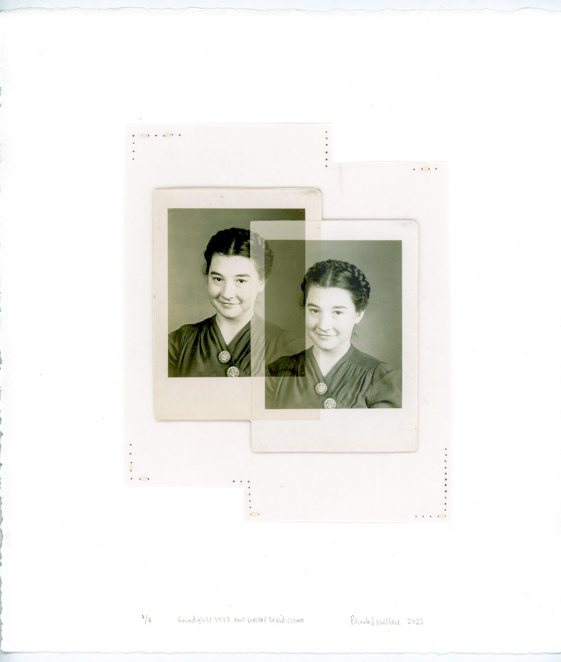 Found girls 1973 two buttons braid crown, 10.5 x 8.5 inches, non-inked print, vellum, photograph, sewing on paper, 450.