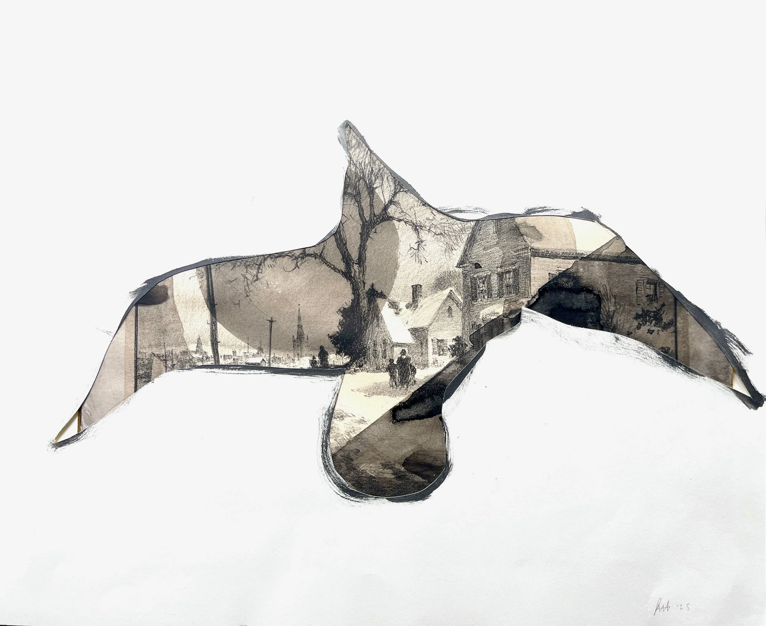 Glide II, cut out paper over etching and graphite drawings, 14 x 17 inches, $350.