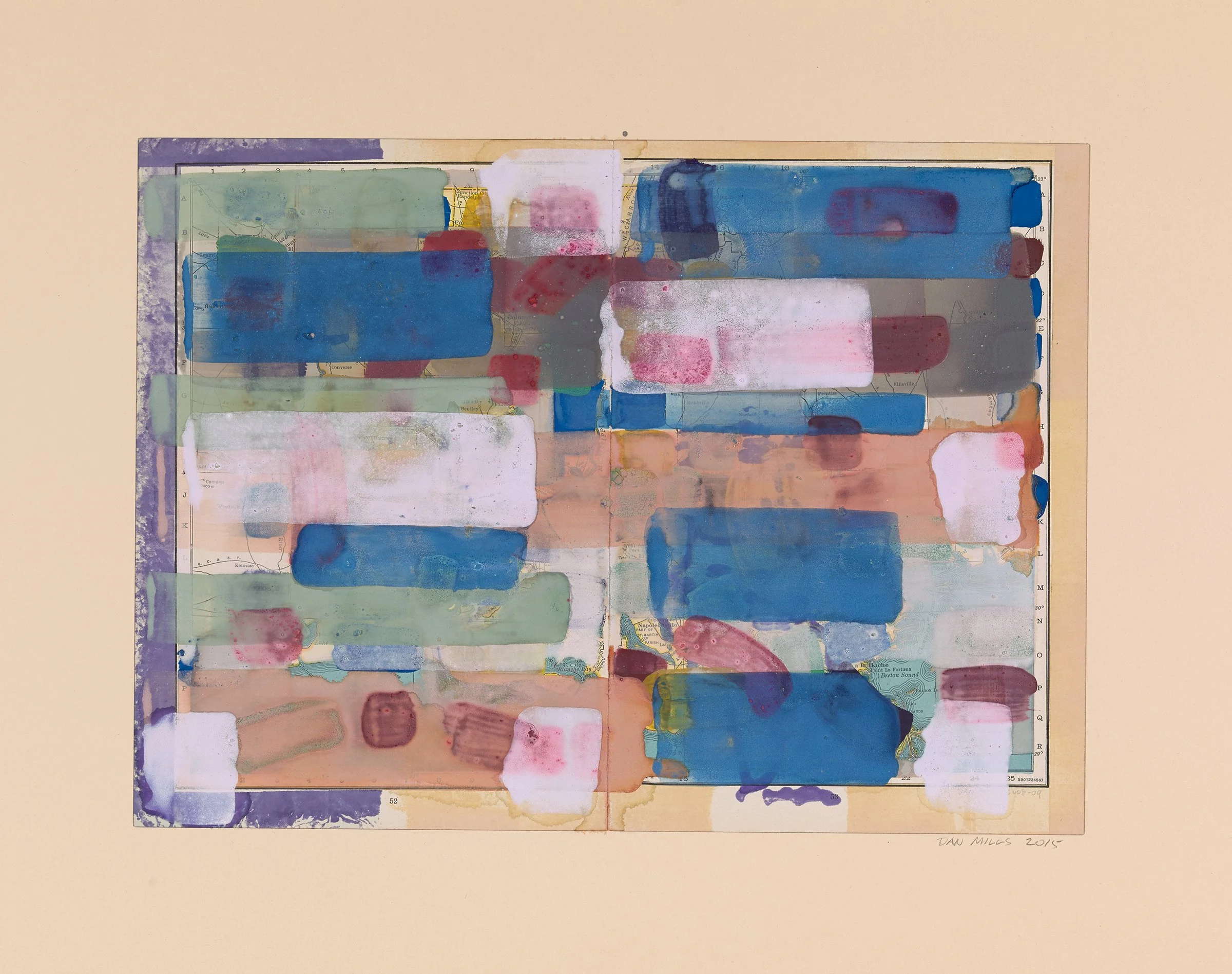Overpainting Maine IX, 2015, acrylic, watercolor, metallic paint, ink on printed paper, 15 x 22 1/2 inches, 2000.