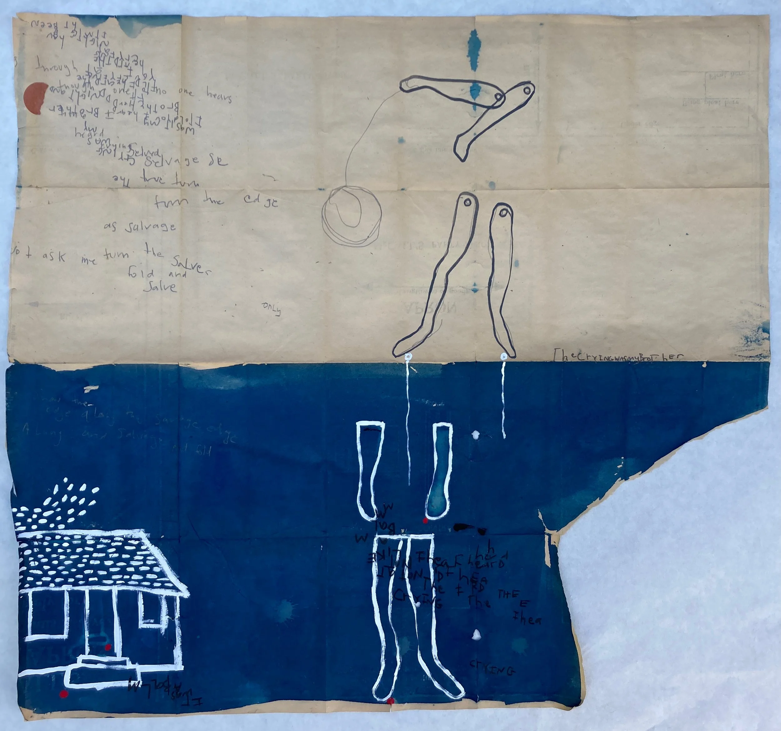 Attic | Silent | Relent,  2021, Cyanotype on vintage sewing pattern, gouache, graphite.