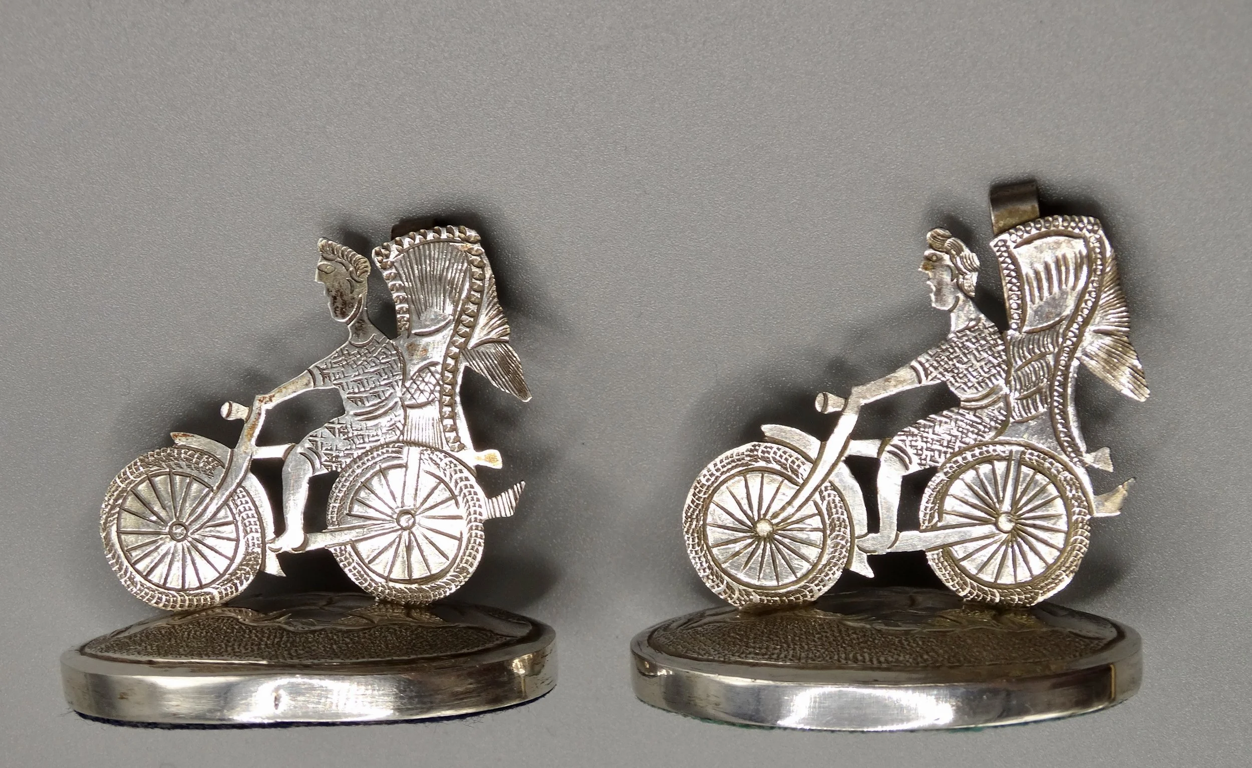 Pair of Chinese sterling silver Colonial rickshaw place card holders, finely handcrafted figural design.