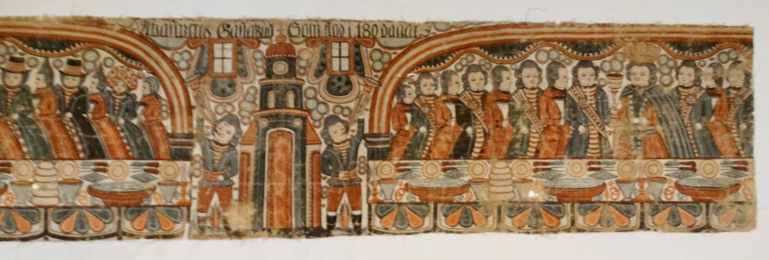 Middle section of Swedish linen bonad, showing King and guests in 18th century traditional costumes