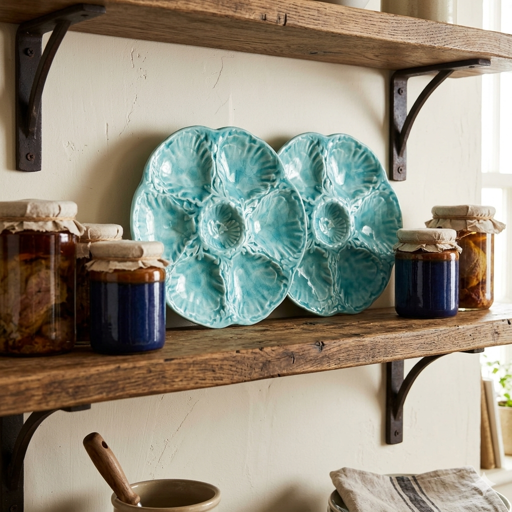 French Gien Turquoise Majolica Oyster Plate