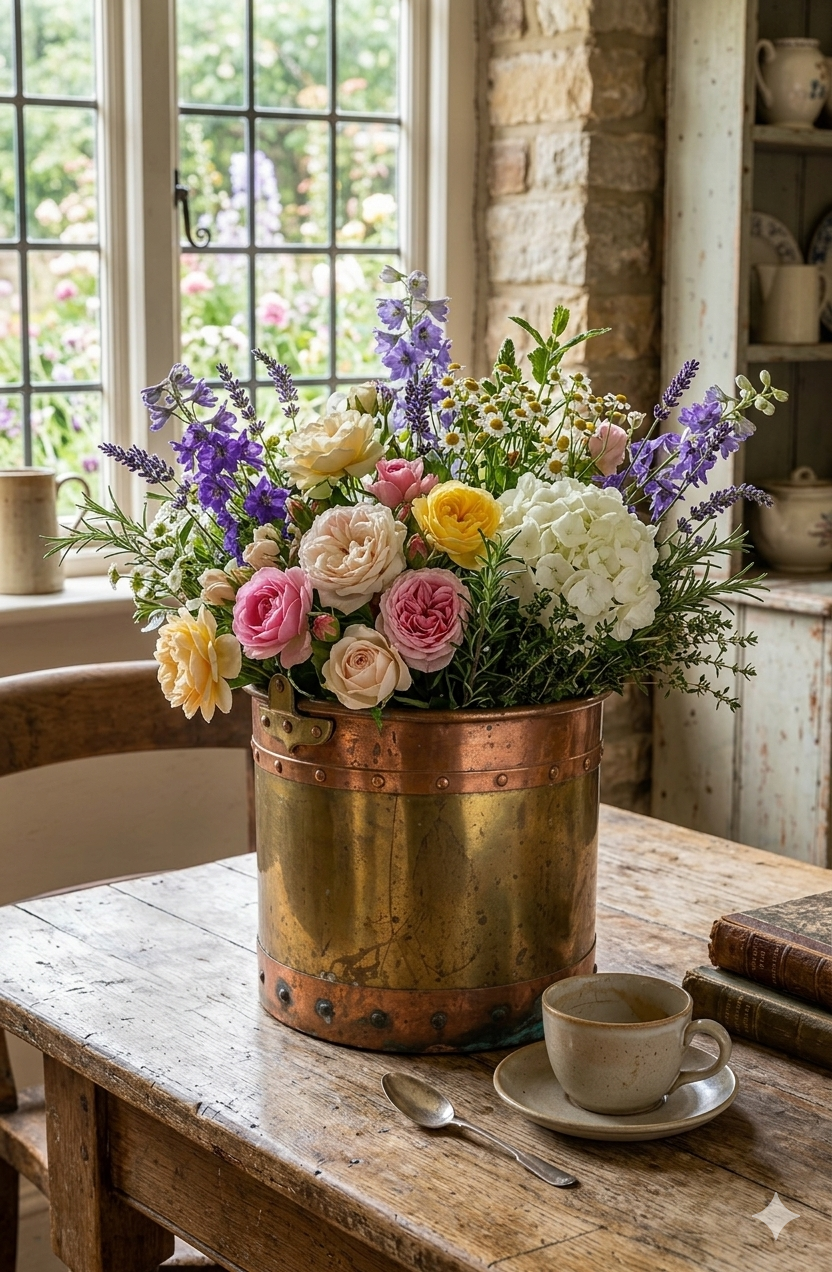 Antique English Copper & Brass Jardiniere Bucket